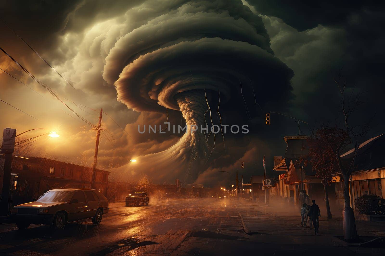 A massive tornado spirals upward in a dramatic sunset sky.