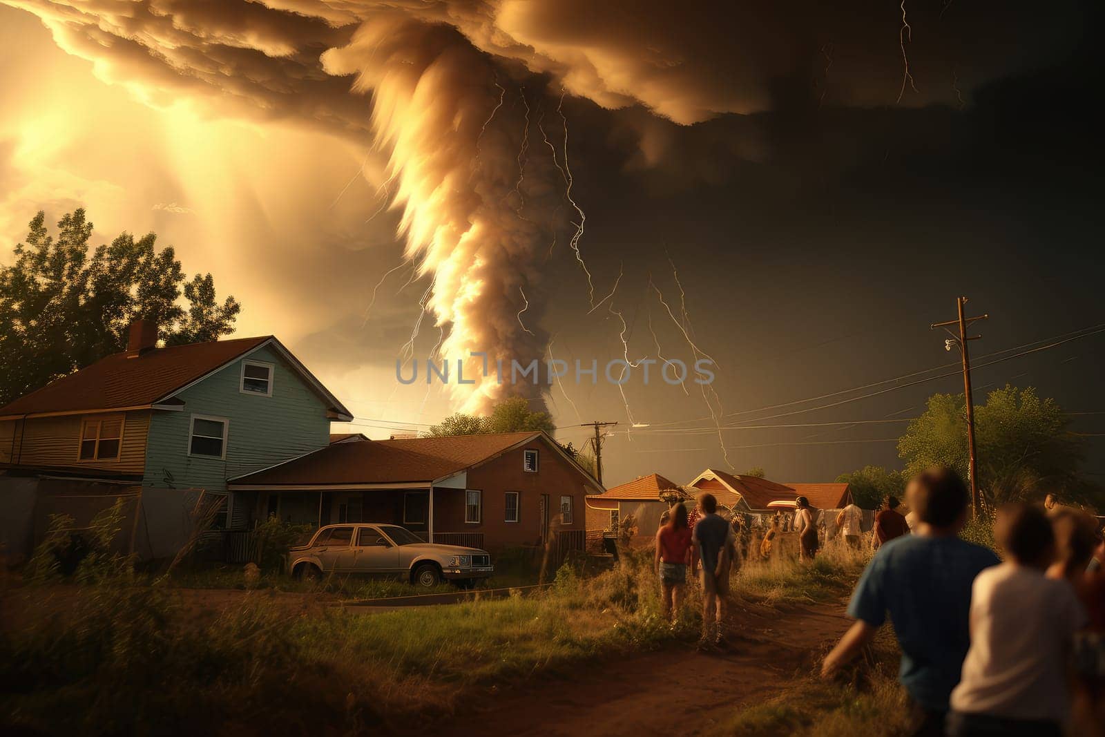 A massive tornado spirals upward in a dramatic sunset sky.