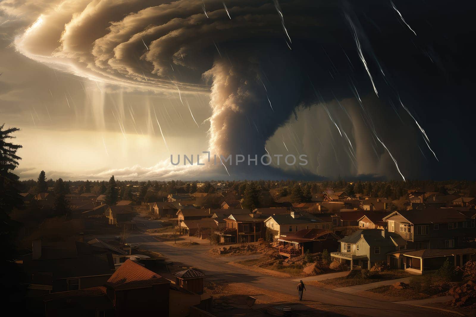 A massive tornado spirals upward in a dramatic sunset sky.