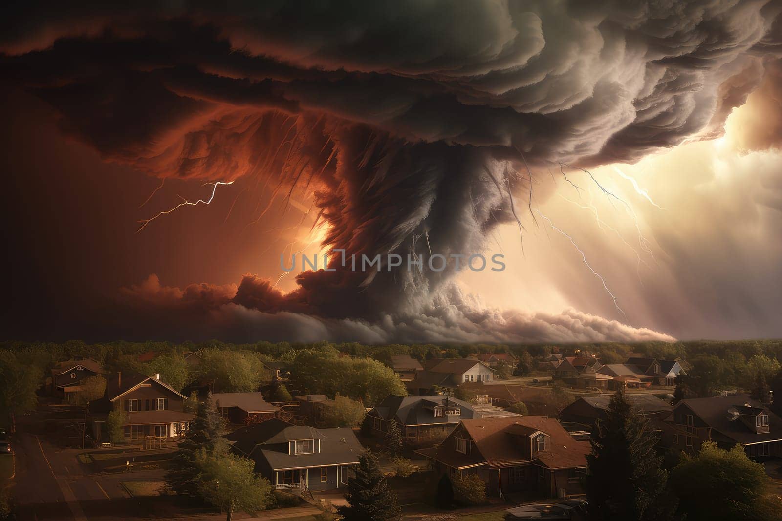 A massive tornado spirals upward in a dramatic sunset sky.
