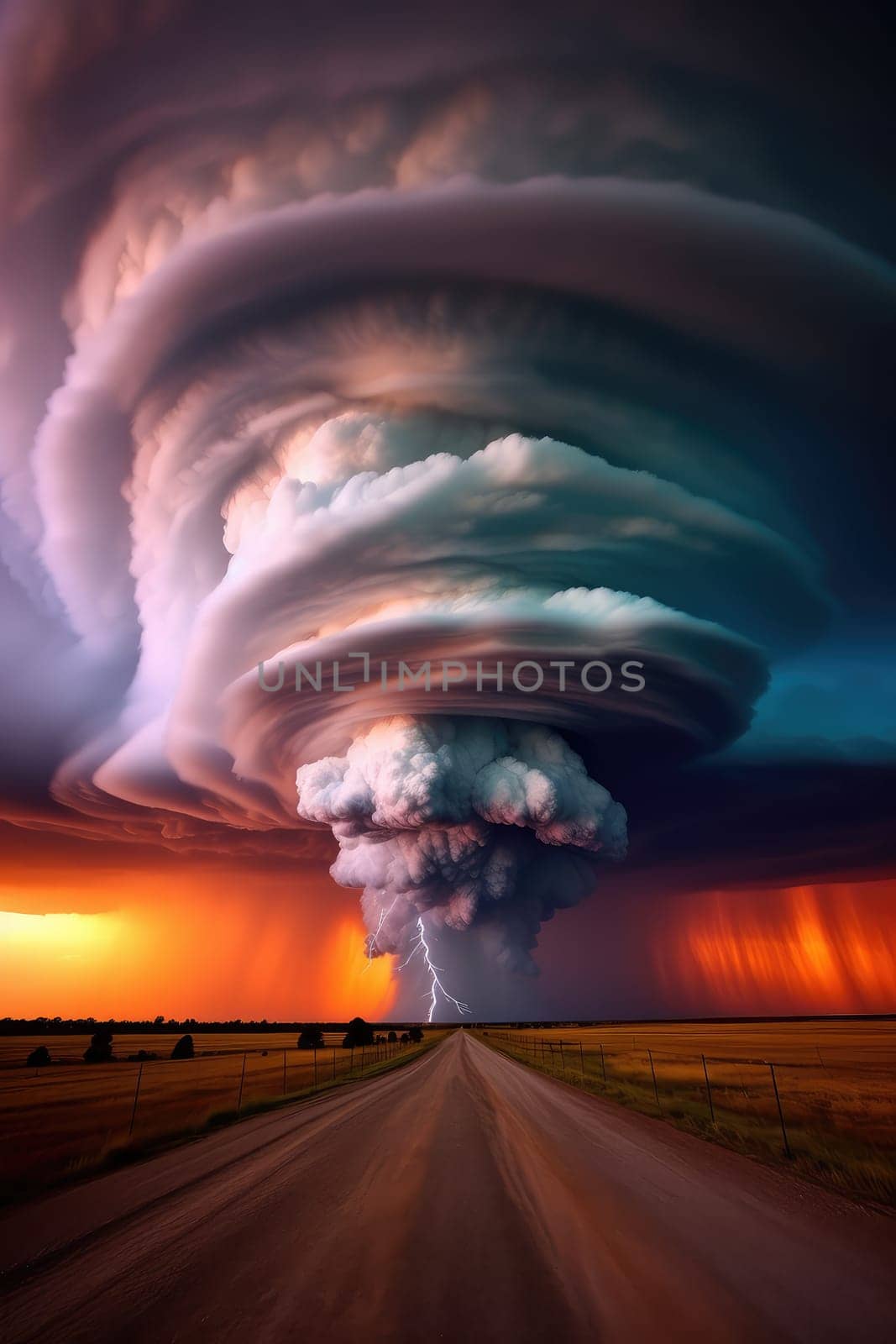 A massive tornado spirals upward in a dramatic sunset sky.