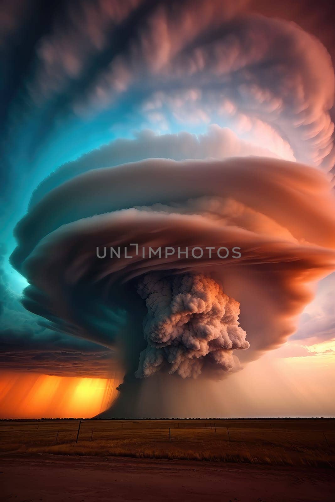 A massive tornado spirals upward in a dramatic sunset sky.