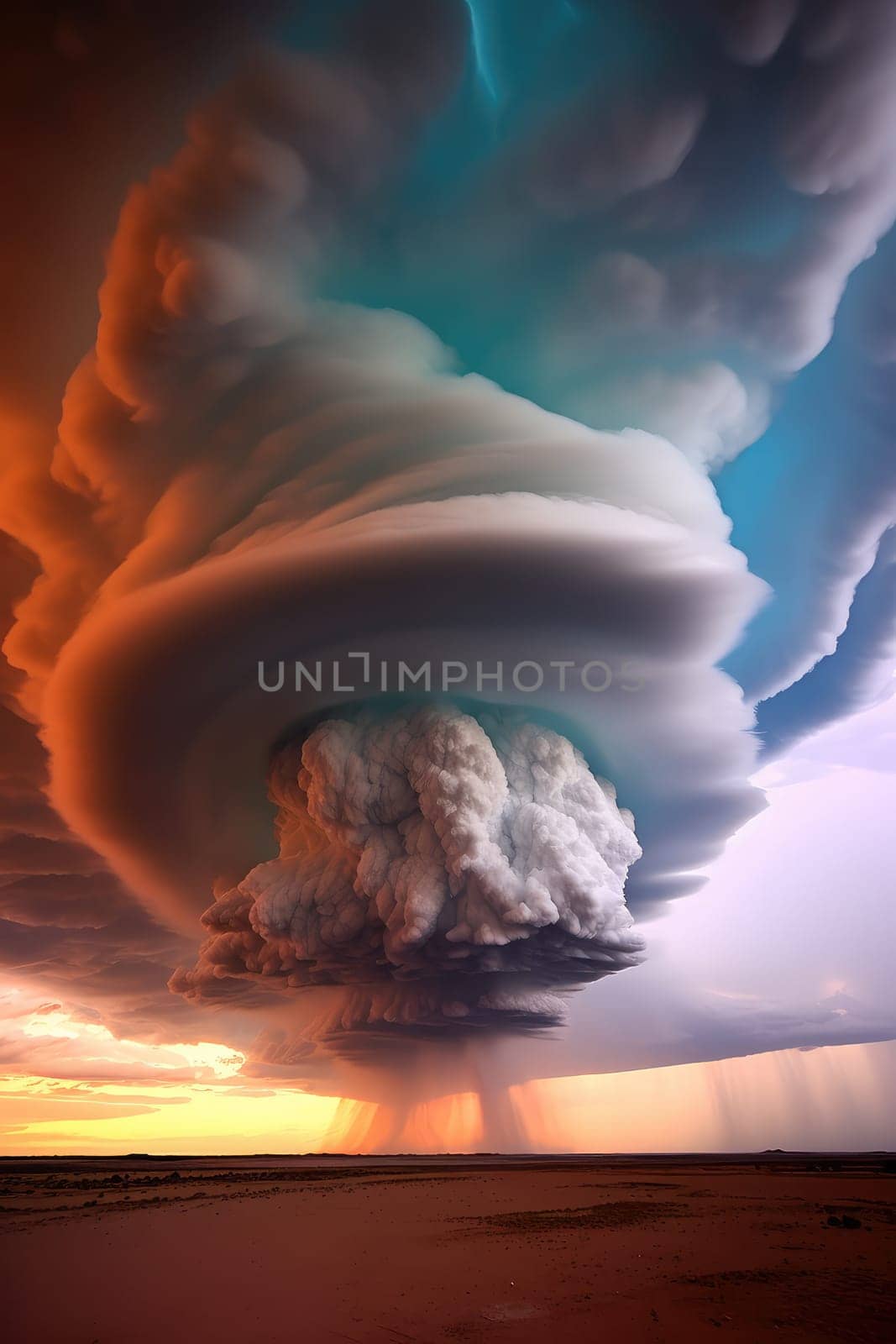 A massive tornado spirals upward in a dramatic sunset sky.