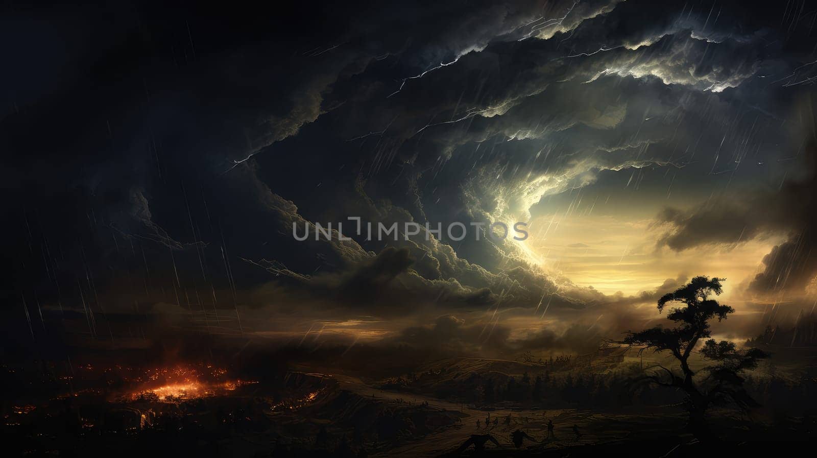 A massive tornado spirals upward in a dramatic sunset sky.