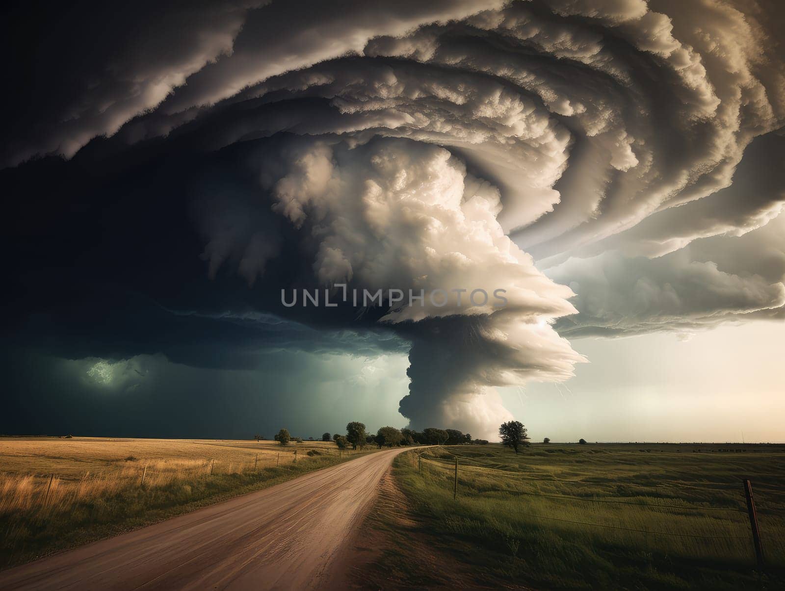 A massive tornado spirals upward in a dramatic sunset sky.