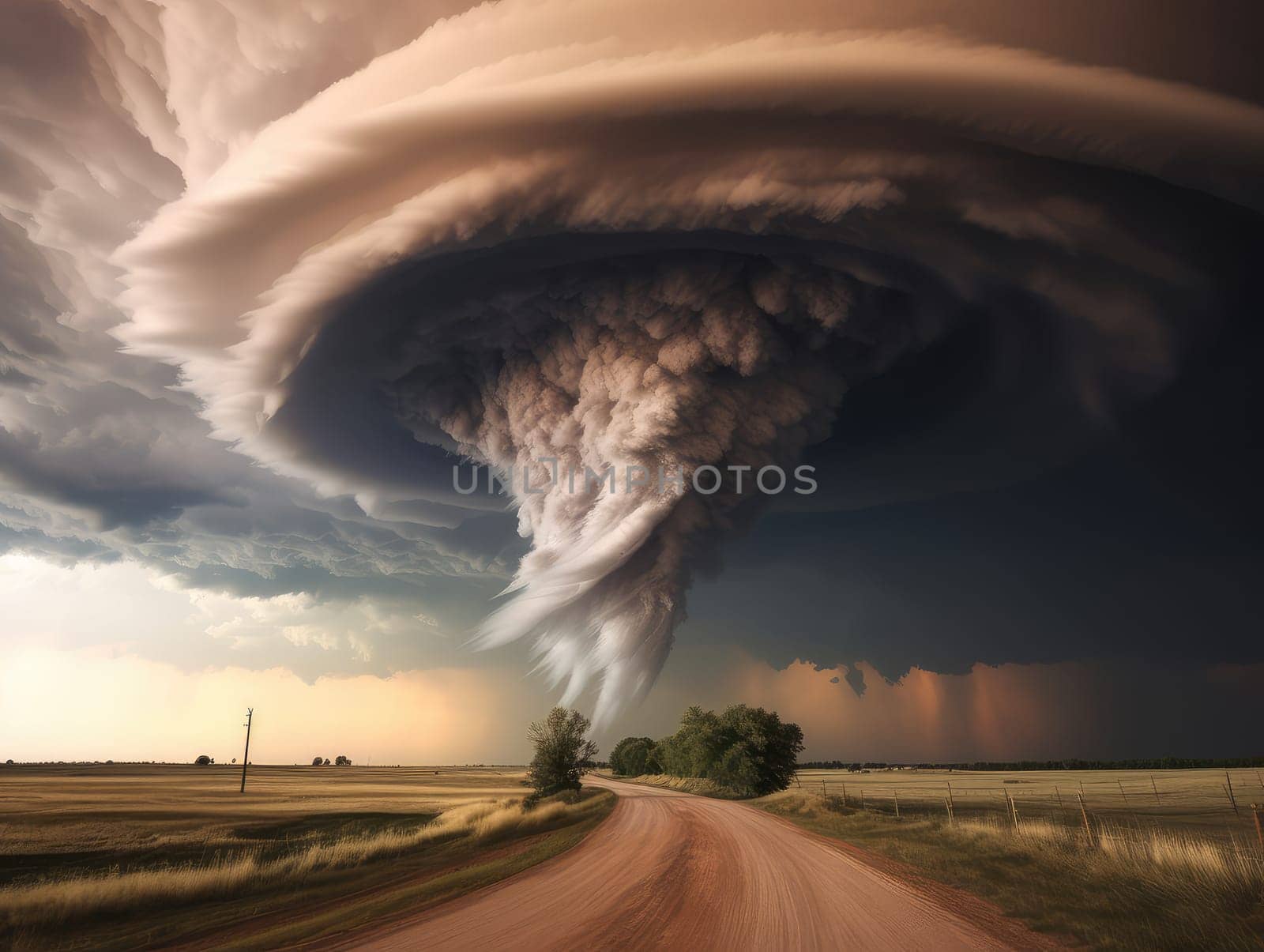 A massive tornado spirals upward in a dramatic sunset sky.