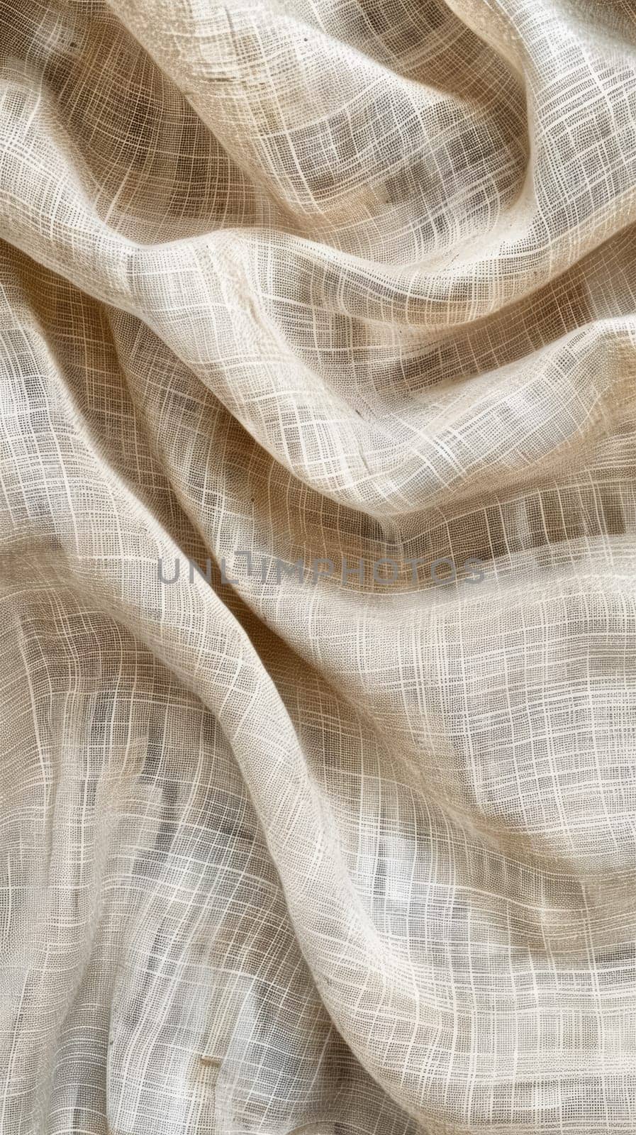 Close-up of a beige fabric with a subtle grid texture, draped in elegant, flowing waves that suggest softness and high quality