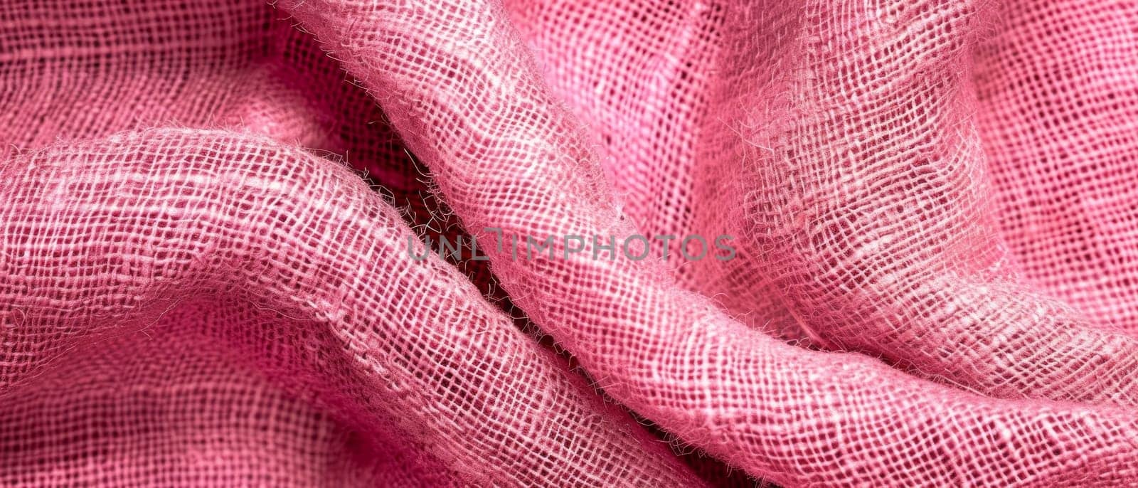 Macro shot of rippled pink fabric, with a focus on the intricate texture and soft waves creating a calming pattern. Burlap fabric texture - background.