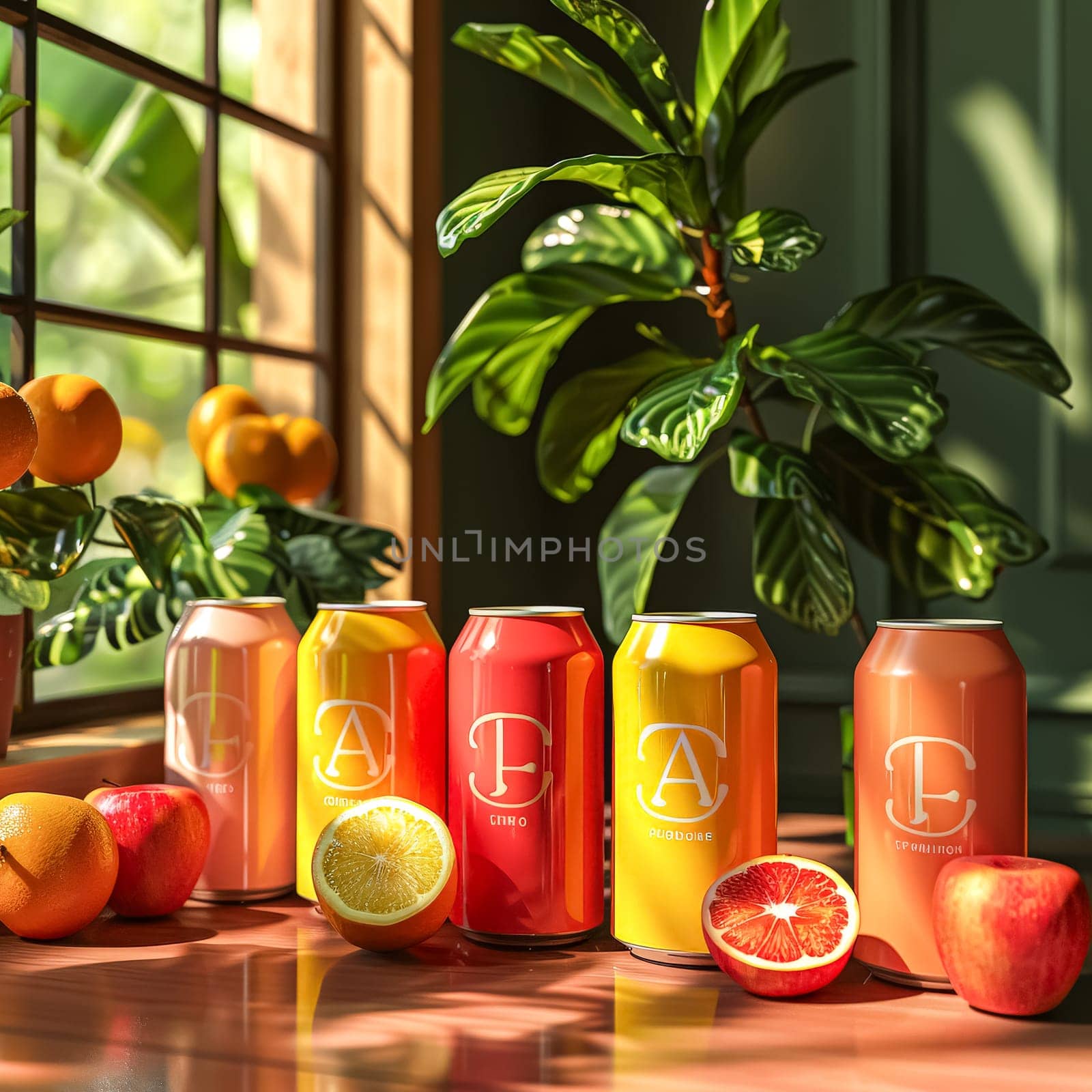 A row of six cans of fruit juice, neatly lined up, showcasing a variety of vibrant colors and flavors.