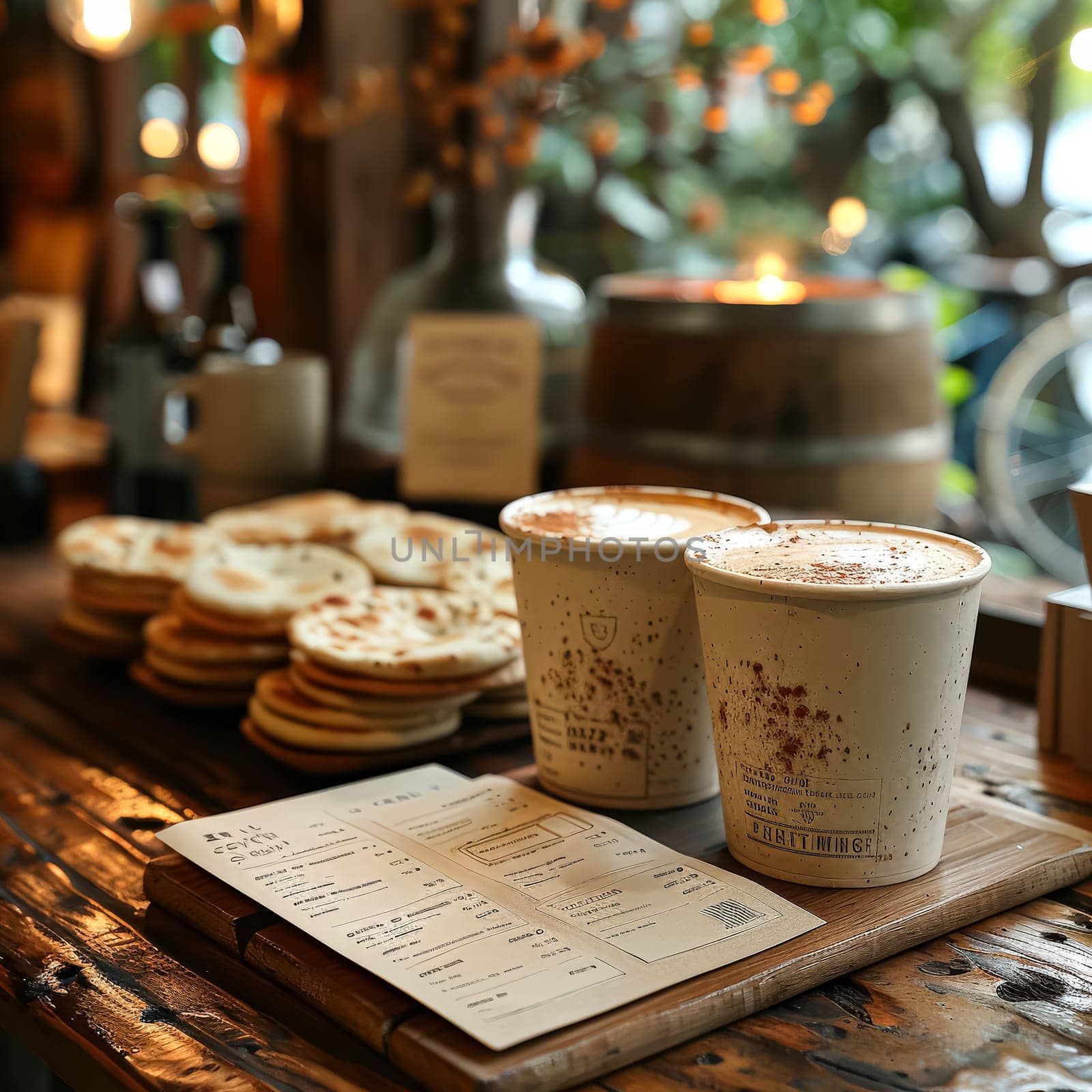 A table with a variety of pastries and coffee cups. The pastries are arranged in a circular pattern, and there are several cups of coffee on the table. Scene is cozy and inviting, with the pastries
