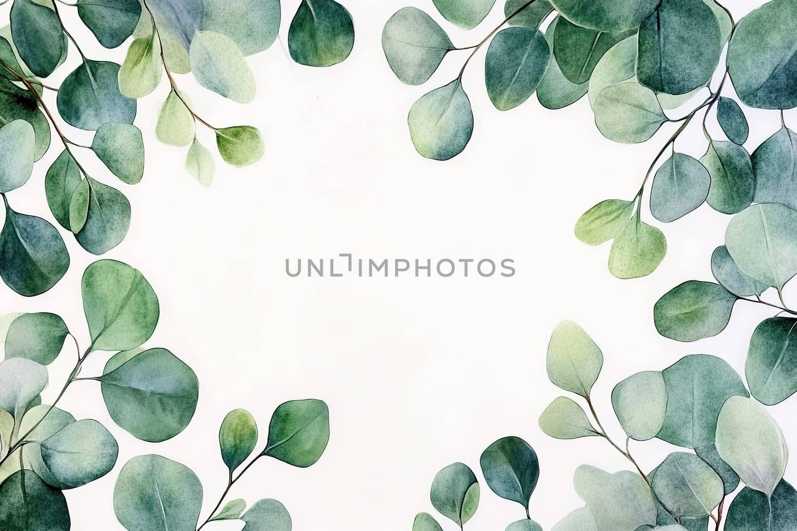 A beautiful watercolor artwork featuring eucalyptus leaves in varied hues of green, yellow, and red, complemented by vibrant red berries, elegantly arranged against a white background.