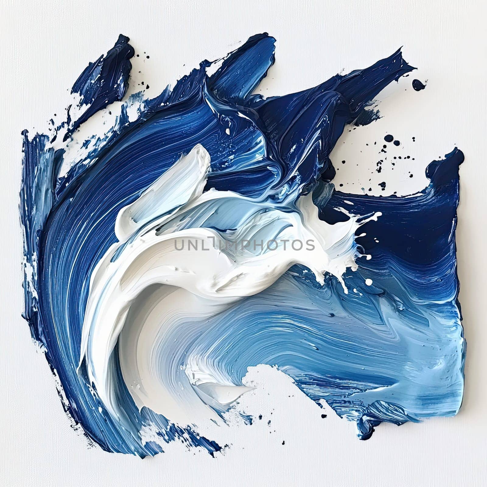 An artistic display of swirling blue and white paint on textured canvas, capturing the fluid and dynamic essence of the painter’s creativity and expression.