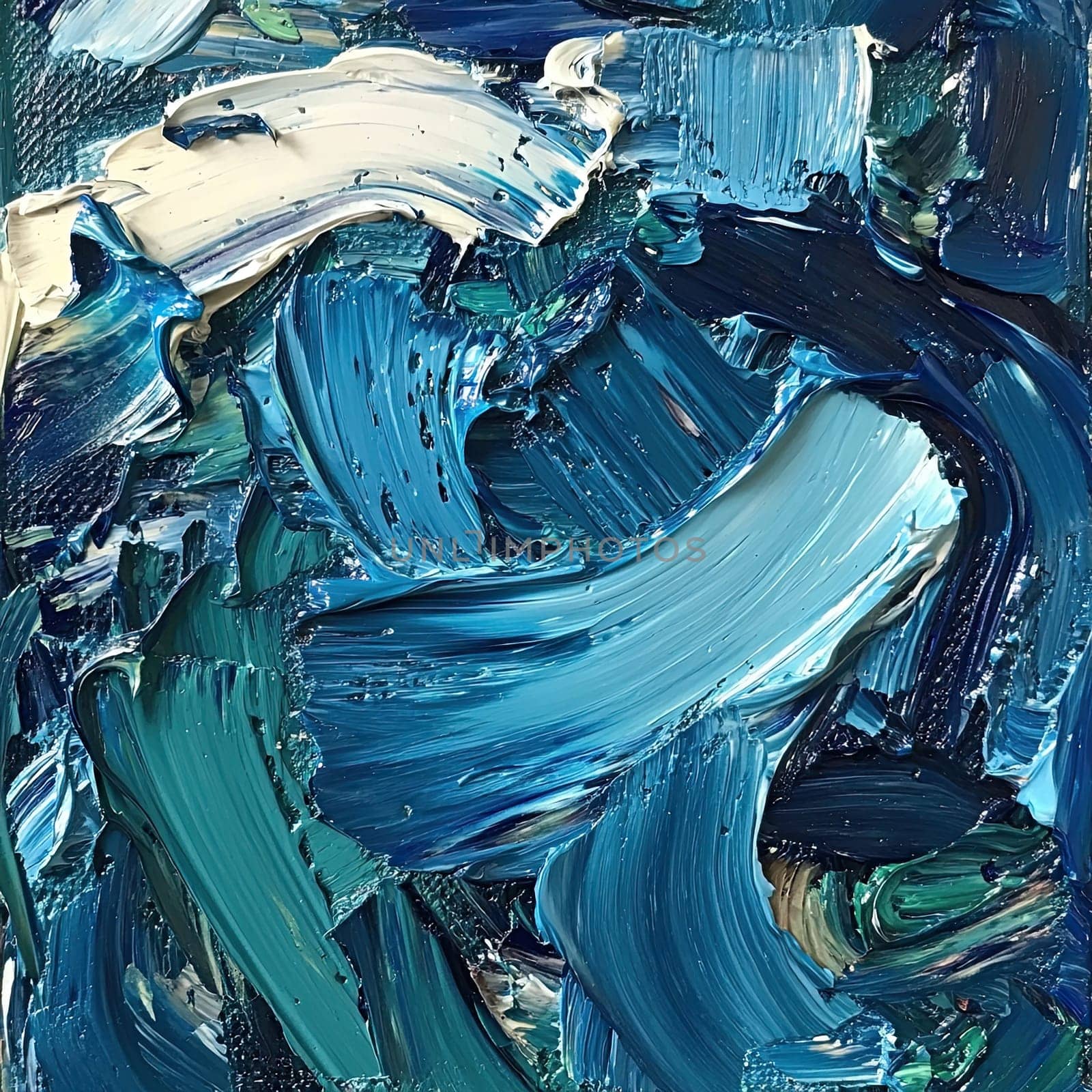 This artwork showcases a swirling ocean wave, with lively brushstrokes in shades of blue and hints of orange. The colors blend seamlessly to create movement and depth.