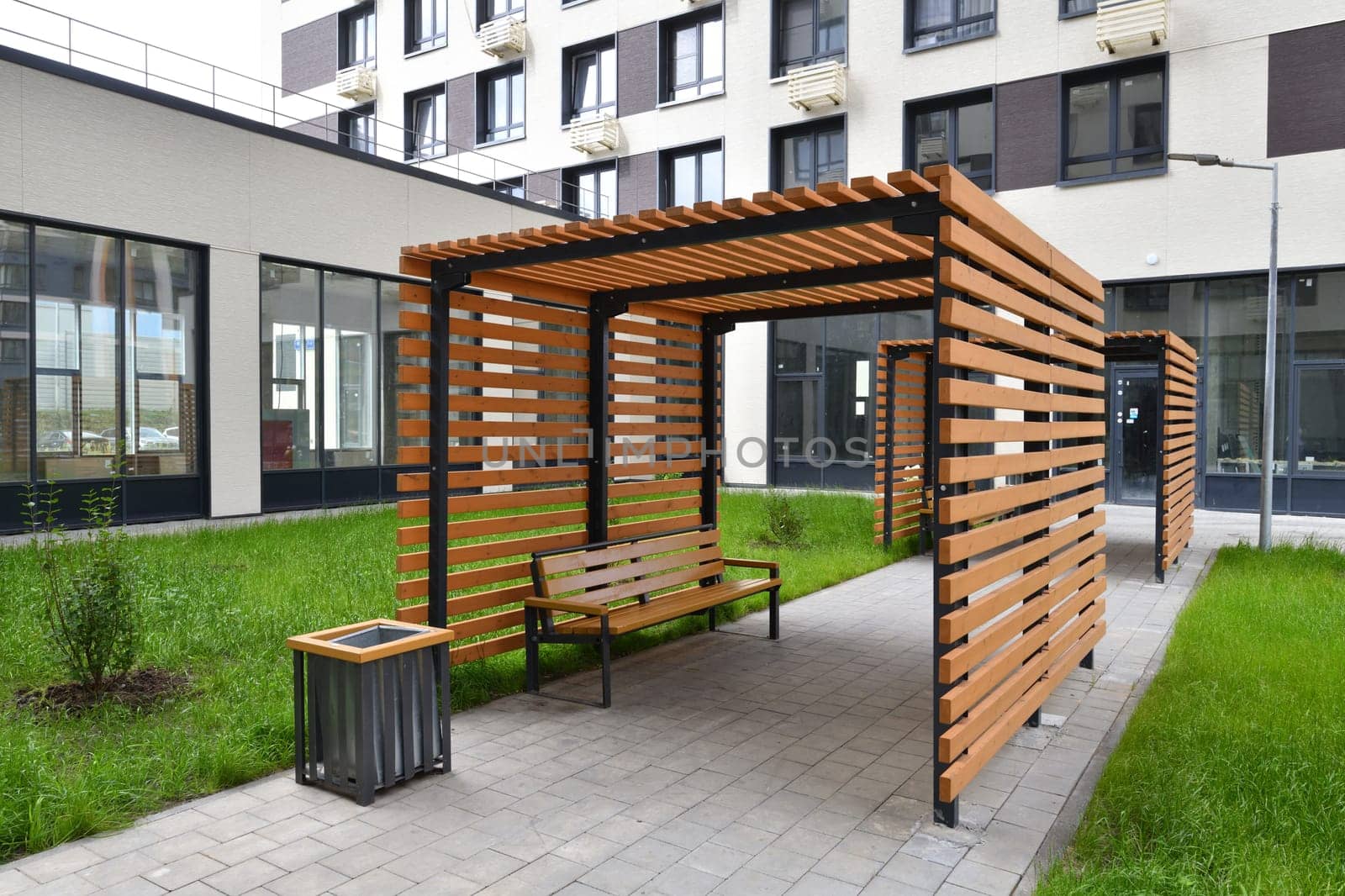 Recreation area with gazebos in area of new buildings in Moscow, Russia