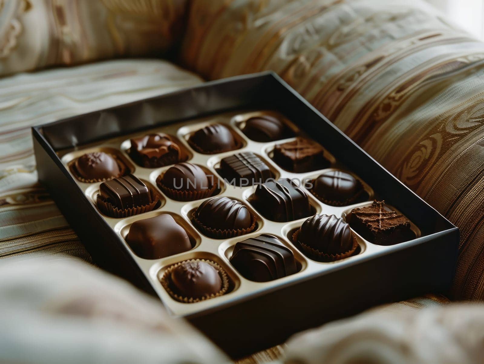 A selection of elegant chocolates neatly arranged in a box lies on a soft, plaid blanket. The warm colors and cozy atmosphere create a comforting vibe perfect for indulgence.