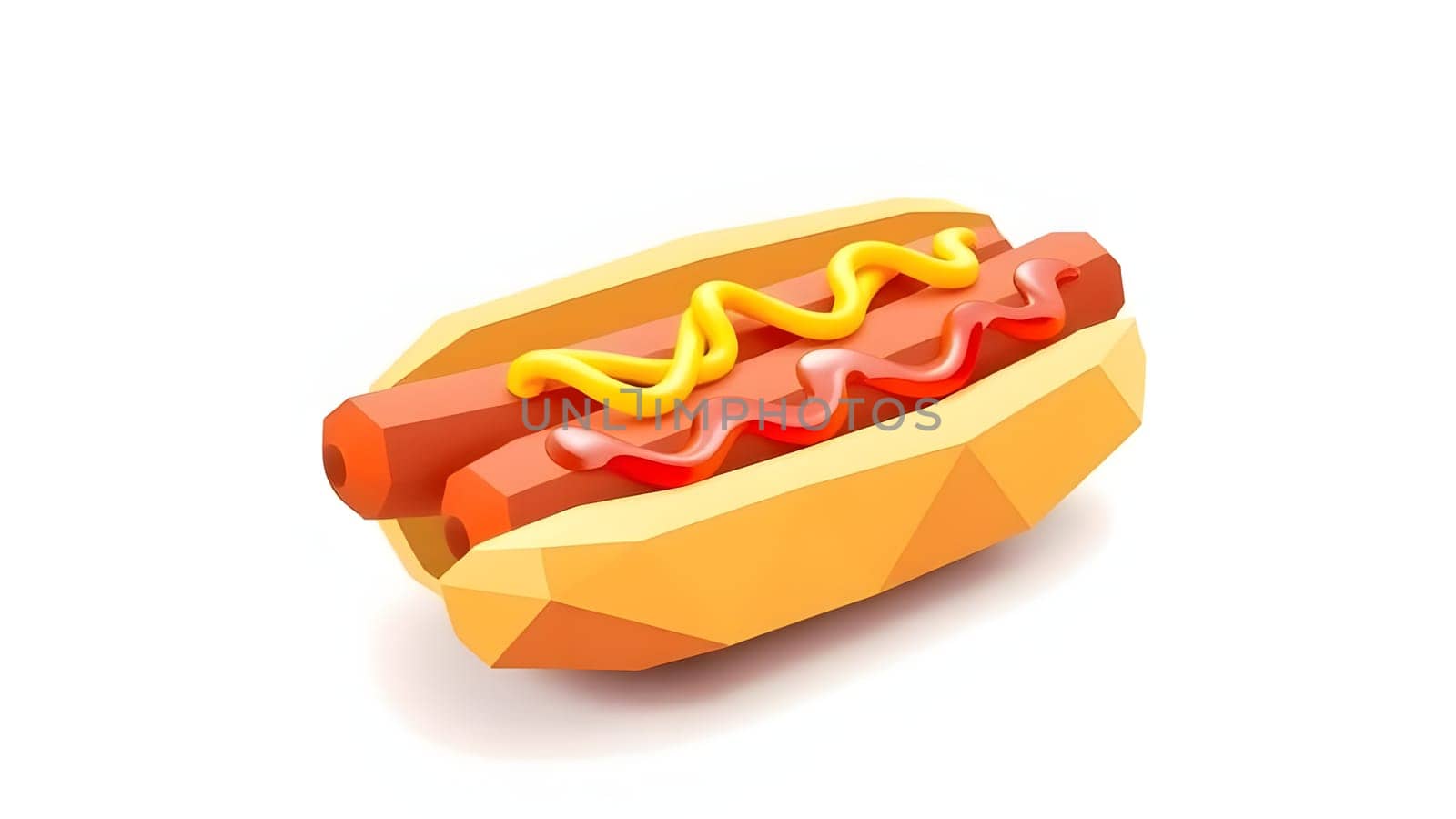 A vibrant 3D representation of a hot dog nestled in a bun, topped with mustard and ketchup. The colorful design highlights the playful and appetizing details of this classic snack.