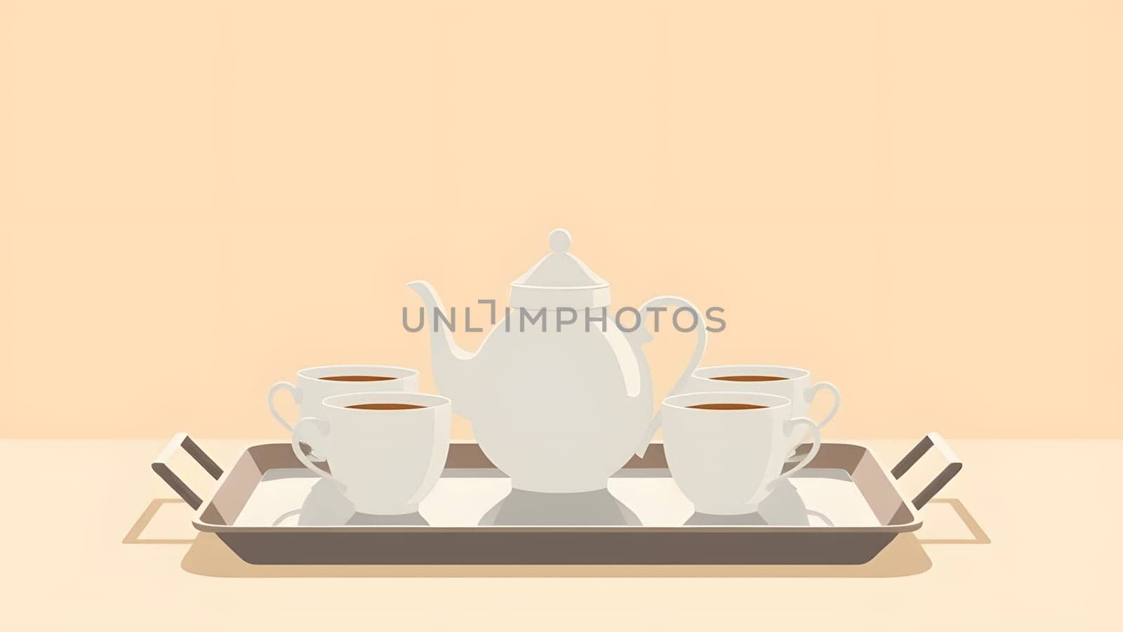 A pristine white teapot sits on a tray with matching cups, showcasing a serene setup. The simple background emphasizes the elegance of the tea service.