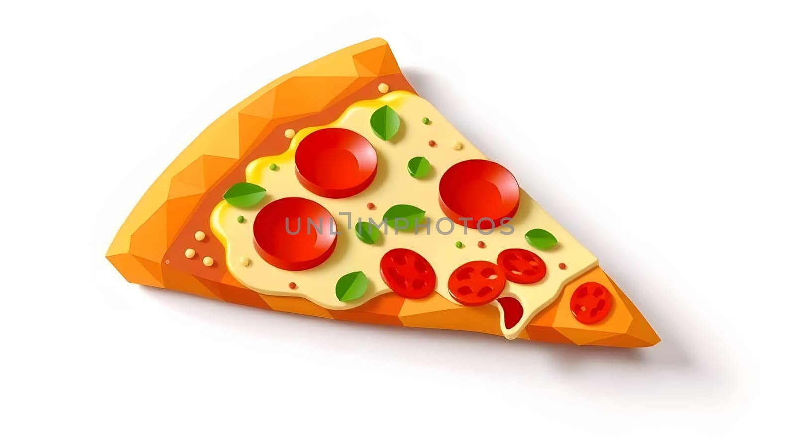 A vibrant slice of pepperoni pizza features melted cheese, red pepperoni slices, and fresh basil. The geometric design adds a modern touch to this delicious food item.