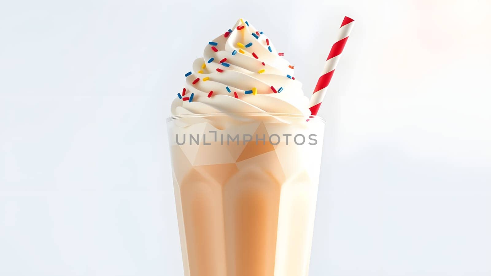 A refreshing milkshake is served in a tall glass, topped with creamy whipped cream and vibrant sprinkles, showcasing a delightful treat perfect for warm weather.