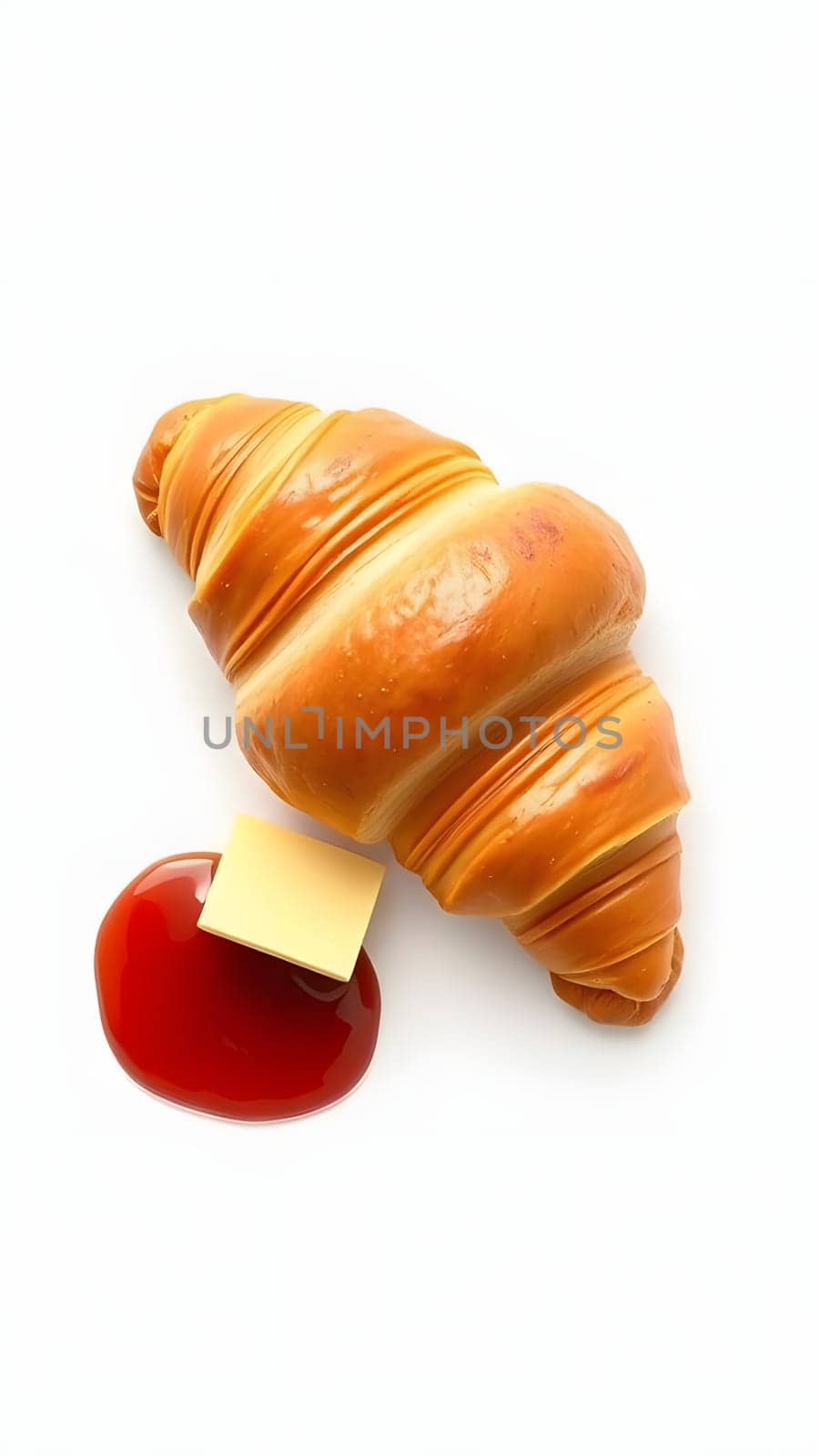 A freshly baked croissant is placed on a clean surface, accompanied by a pat of butter and a dollop of bright red ketchup, creating an unusual breakfast combination.