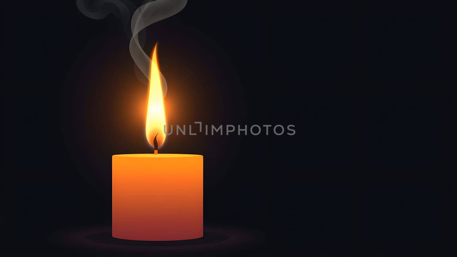 A solitary candle burns in the dark, casting a warm glow while smoke curls upwards. The atmosphere is serene, evoking a sense of calm and tranquility.
