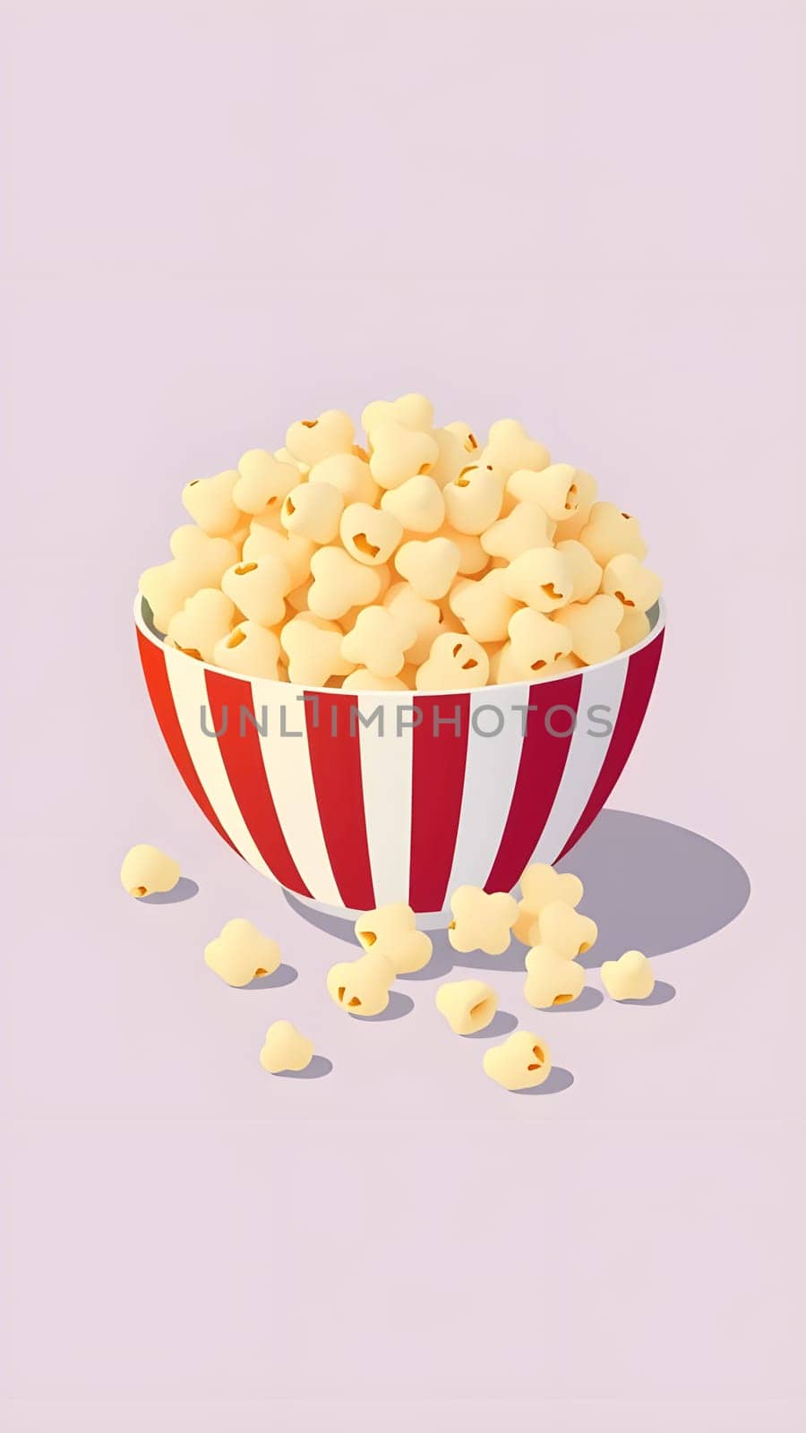 A striped bowl brimming with fluffy popcorn sits against a light pastel background. Some pieces have spilled out, adding a playful touch to the delightful snack display.