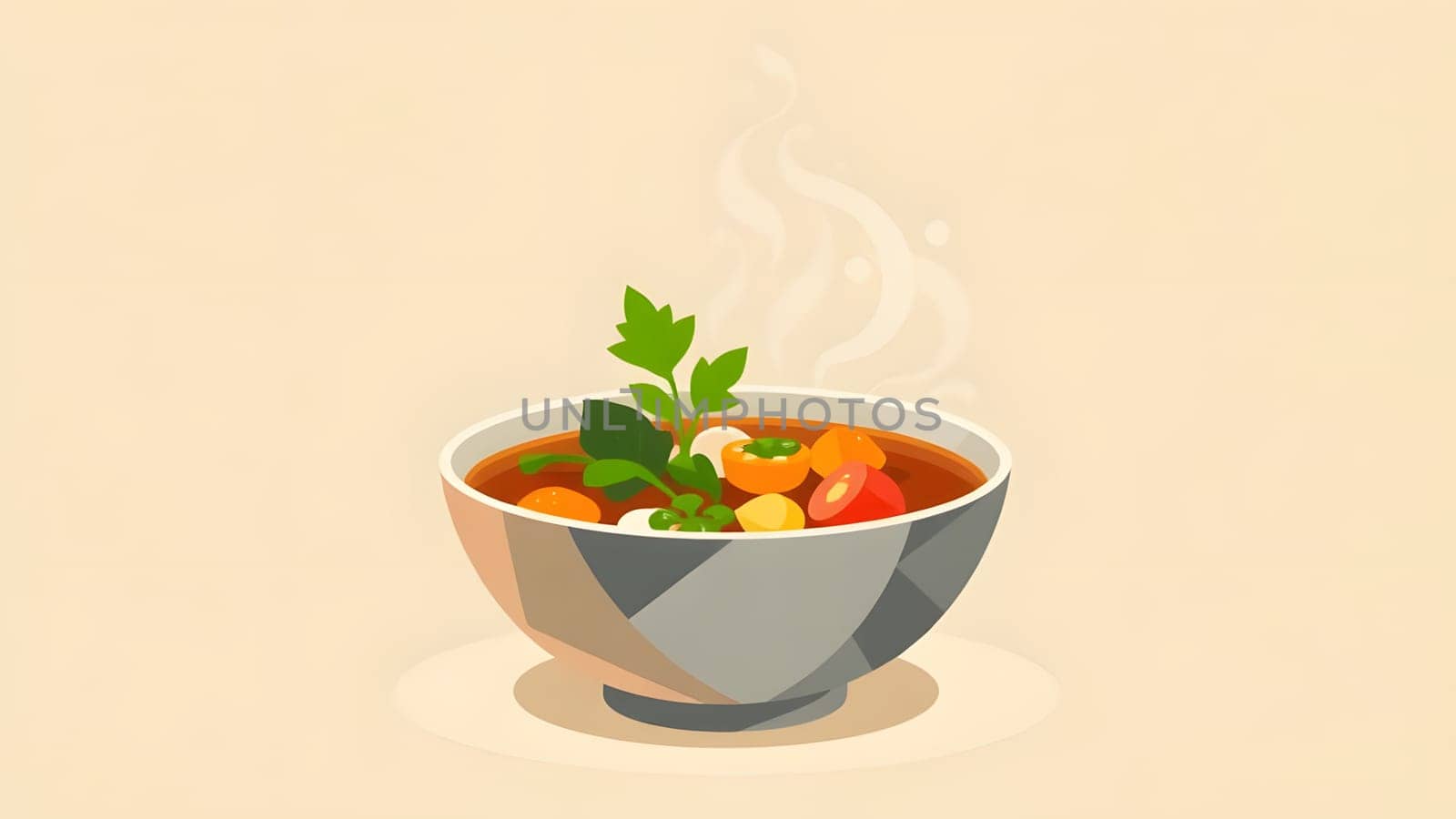 A bowl of hot vegetable soup sits invitingly, filled with colorful veggies and garnished with fresh herbs. Steam rises from the soup, adding to its appetizing allure.