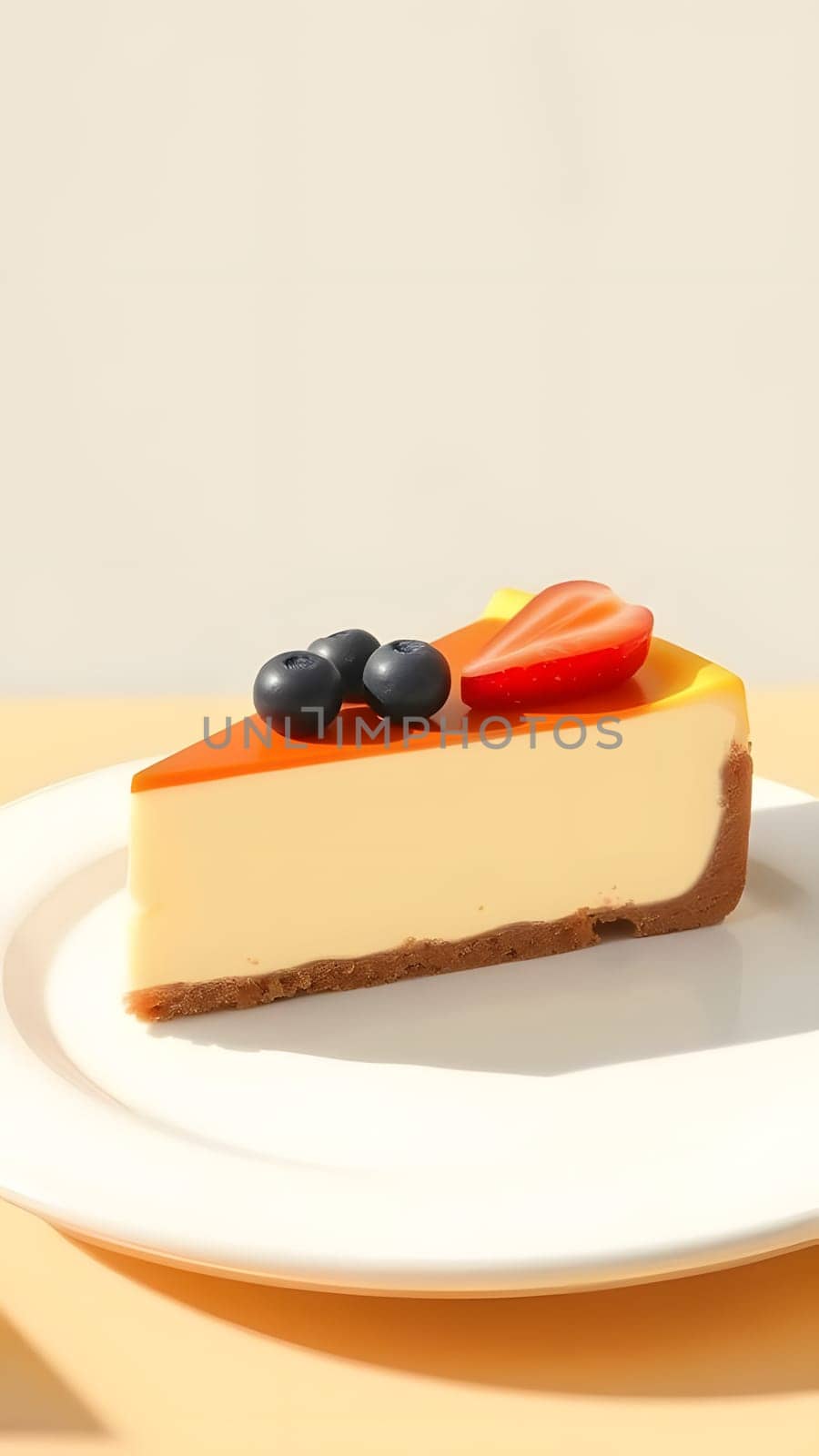 A delicious slice of cheesecake is presented on a white plate, adorned with fresh blueberries and a slice of strawberry, highlighting its creamy texture and vibrant colors.