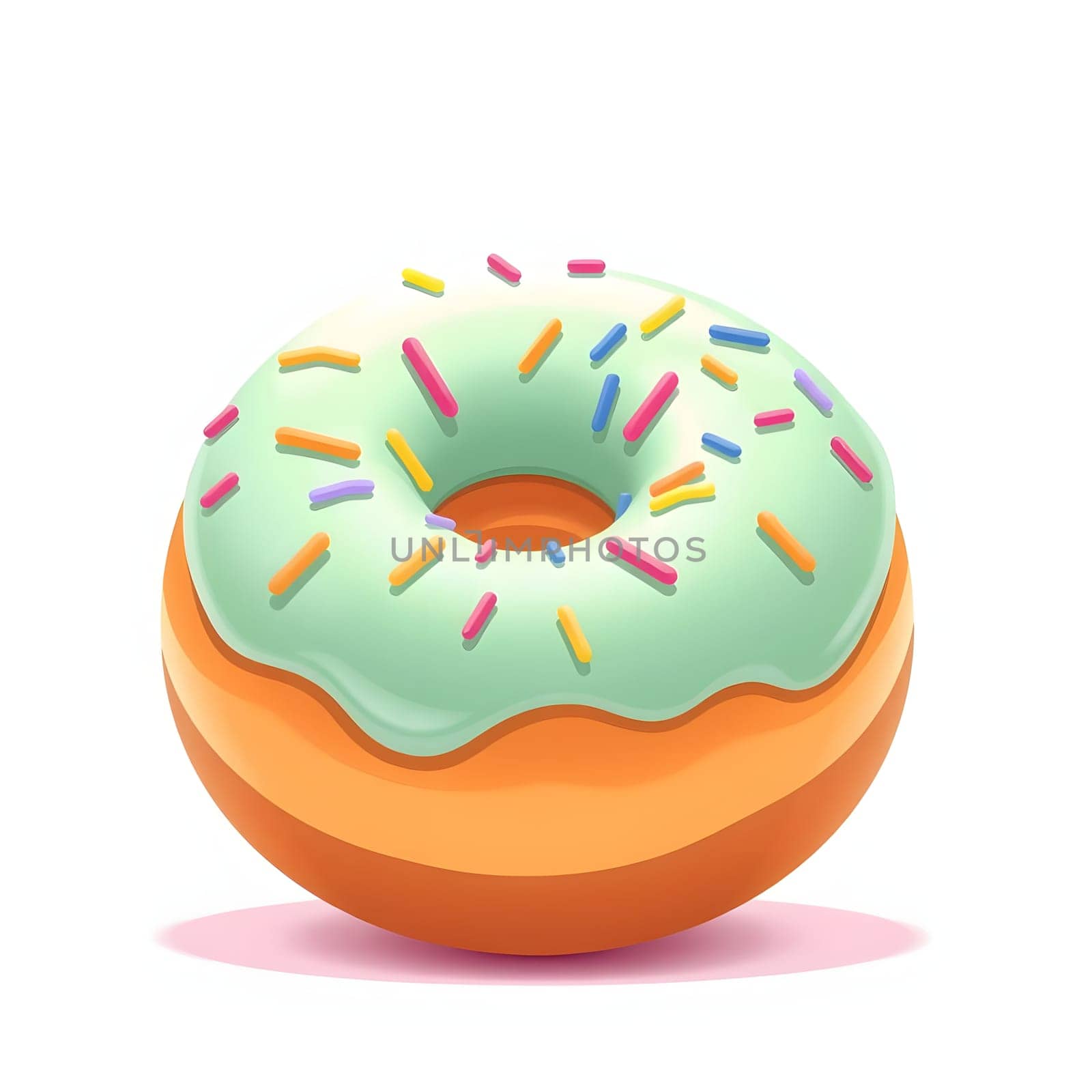 A dessert featuring a round donut topped with mint green icing and colorful sprinkles sits against a clean white background, highlighting its sweet and inviting appearance.