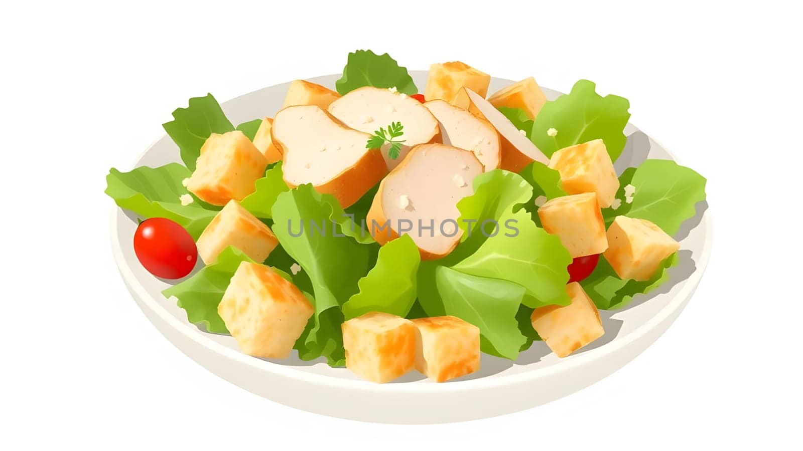 A vibrant salad featuring crisp green lettuce, sliced chicken breast, crunchy croutons, and juicy cherry tomatoes arranged elegantly on a white plate. Perfect for a healthy meal.