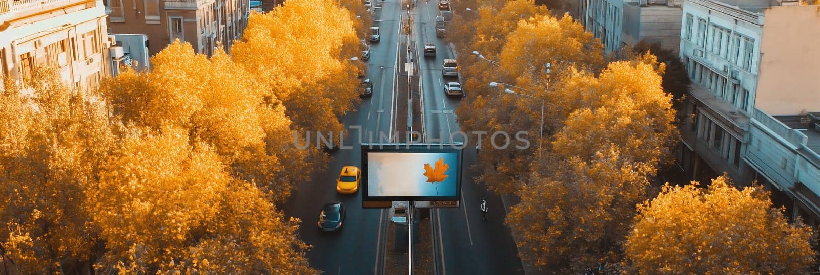 An aerial view of a city street lined with golden autumn trees, featuring a central billboard and vehicles. The vibrant fall colors contrast with the urban architecture, creating a picturesque scene.
