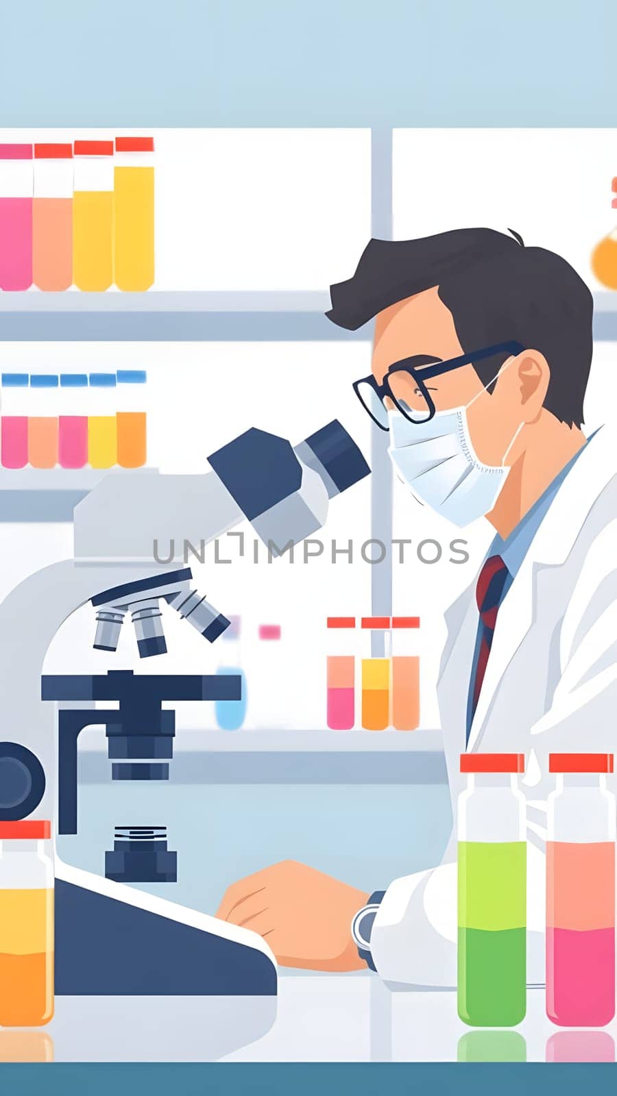 A scientist in a lab coat and mask focuses on samples with a microscope. Colorful test tubes filled with liquids are visible, showcasing a lively research environment.