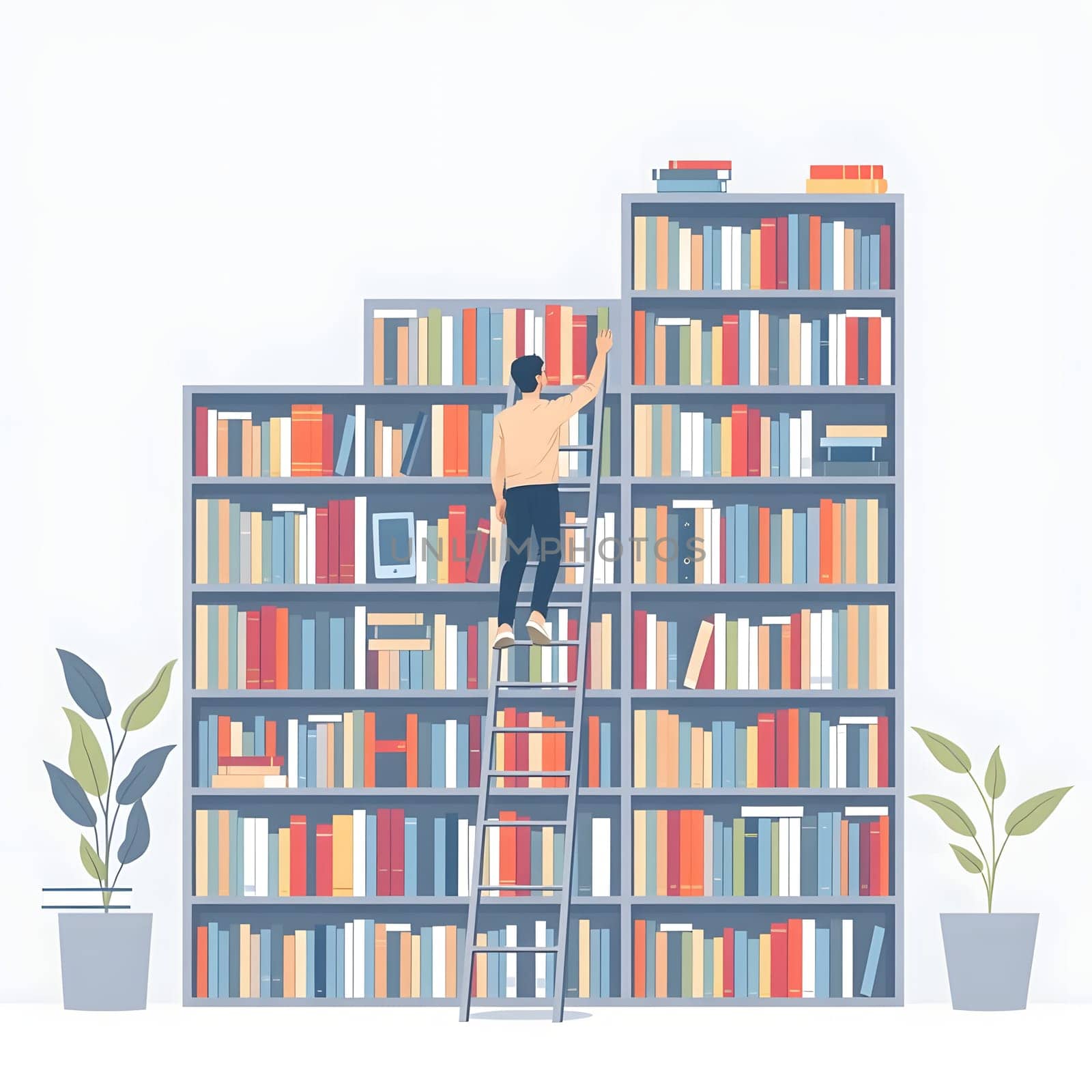 A person climbs a ladder to reach the top shelves of a colorful bookshelf filled with various books. Two potted plants add a touch of greenery to the room's decor.