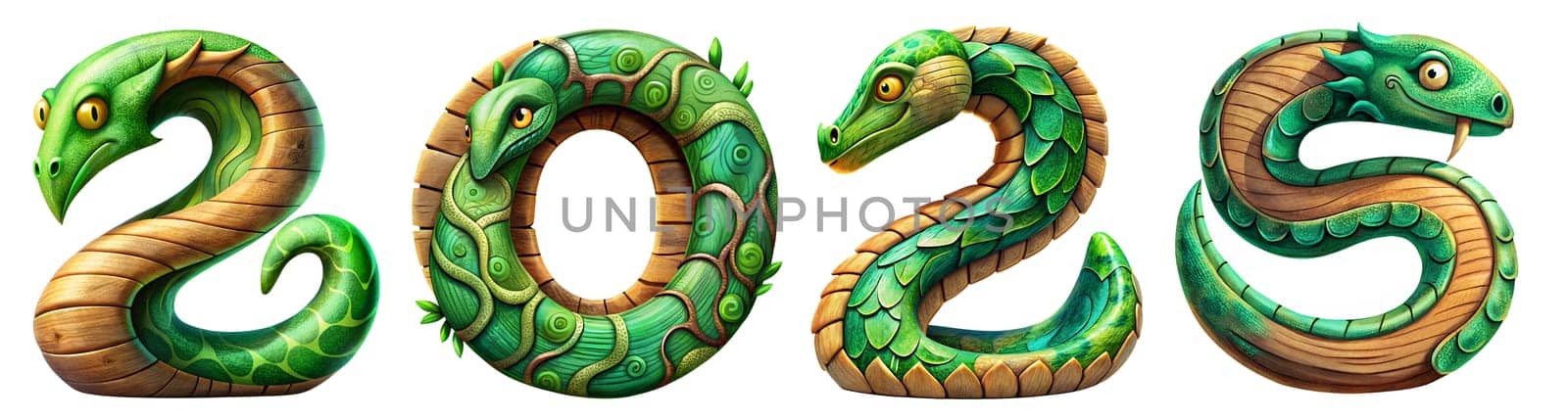 Vibrant green serpents form the numbers for the year 2023, showcasing intricate scales and details, combining animal motifs with a natural look.