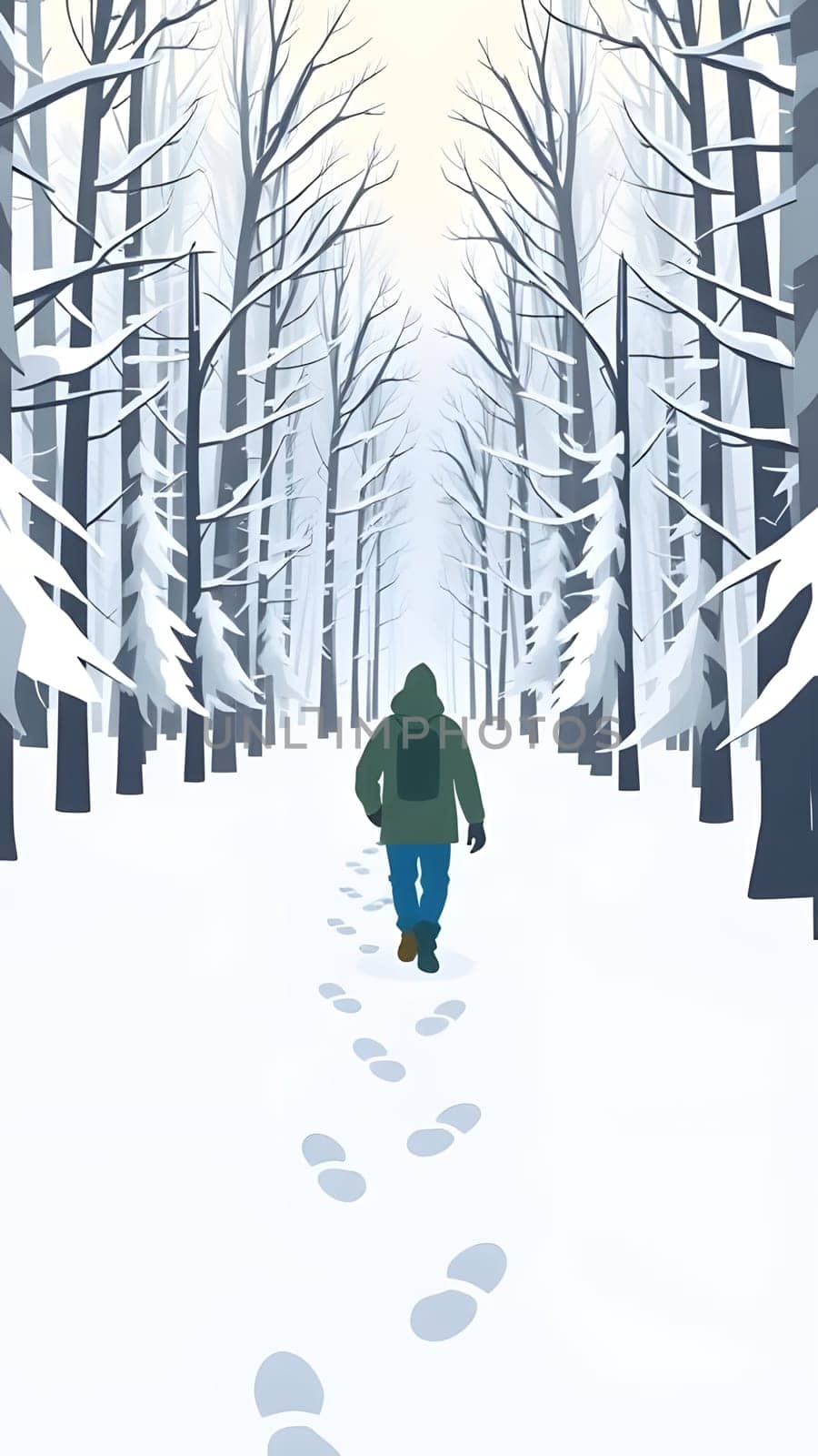 Snow blankets the ground and tree branches as someone walks along a narrow forest path, leaving footprints behind. The atmosphere is peaceful and serene.