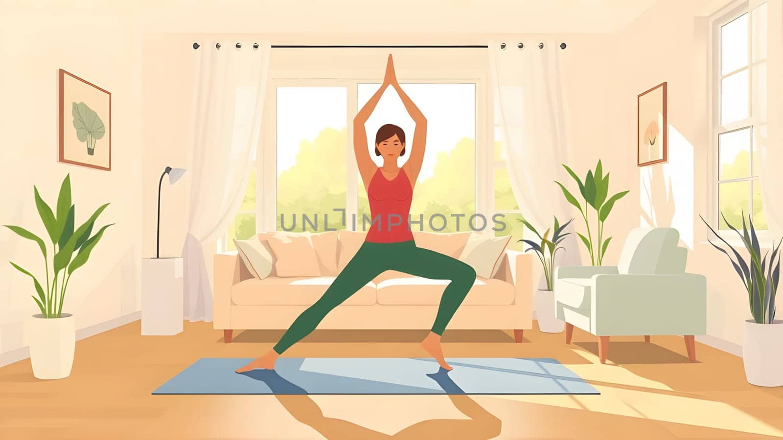 A woman stands in a warrior pose on a yoga mat in a sunny living room filled with plants and comfortable furniture. She enjoys her yoga practice in a serene setting.