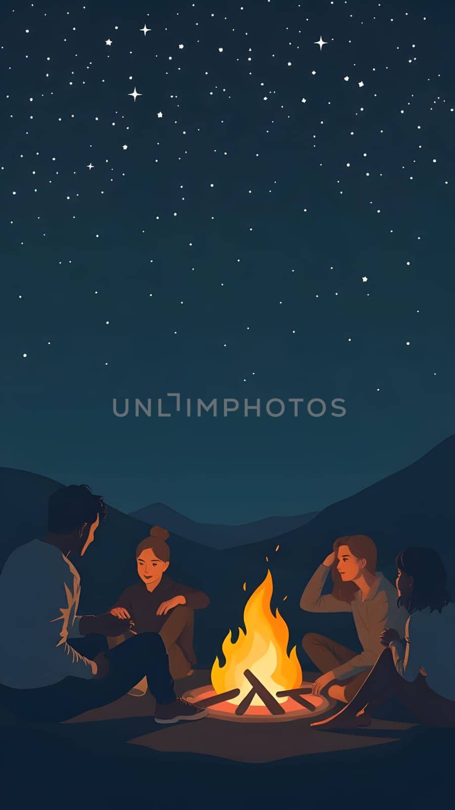 A group of four friends gathers around a crackling campfire, sharing stories and laughter under a starlit sky. The serene mountains surround their cozy gathering, creating a peaceful atmosphere.