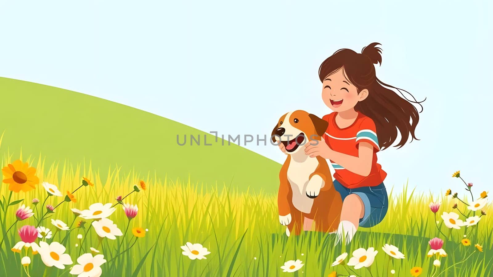 A young girl is happily interacting with her brown and white dog amidst vibrant flowers in a lush green field on a bright spring day. Their playful energy fills the scene with joy.