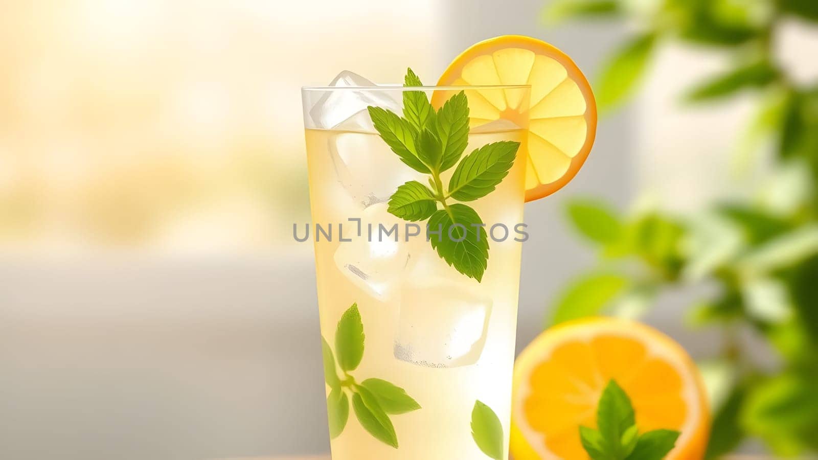 A tall glass filled with lemonade sits on a table, adorned with fresh mint leaves and lemon slices, capturing a vibrant, sunny atmosphere perfect for summer enjoyment.