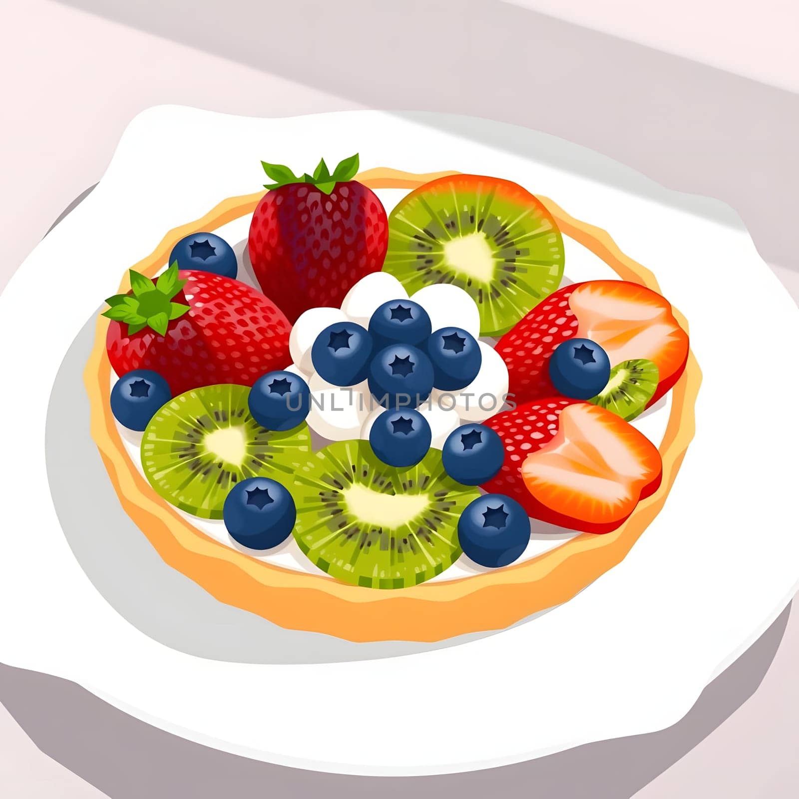 A delicious fruit tart topped with strawberries, blueberries, kiwi slices, and dollops of whipped cream rests on a white plate, showcasing vibrant colors and textures.