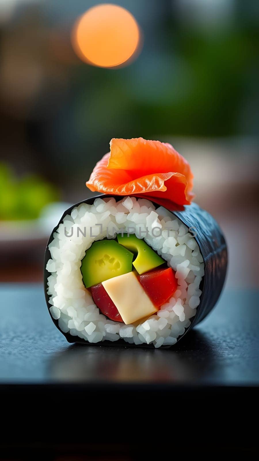 A vibrant sushi roll sits on a wooden surface, featuring layers of cucumber, pepper, and a slice of fresh salmon on top. The dish reflects the artistry of Japanese cuisine.
