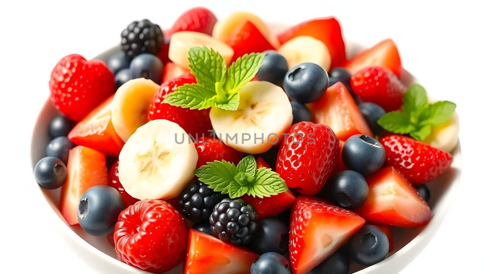 A vibrant bowl filled with an assortment of fresh strawberries, blueberries, bananas, and blackberries, garnished with mint leaves. Perfect for a healthy snack or dessert.