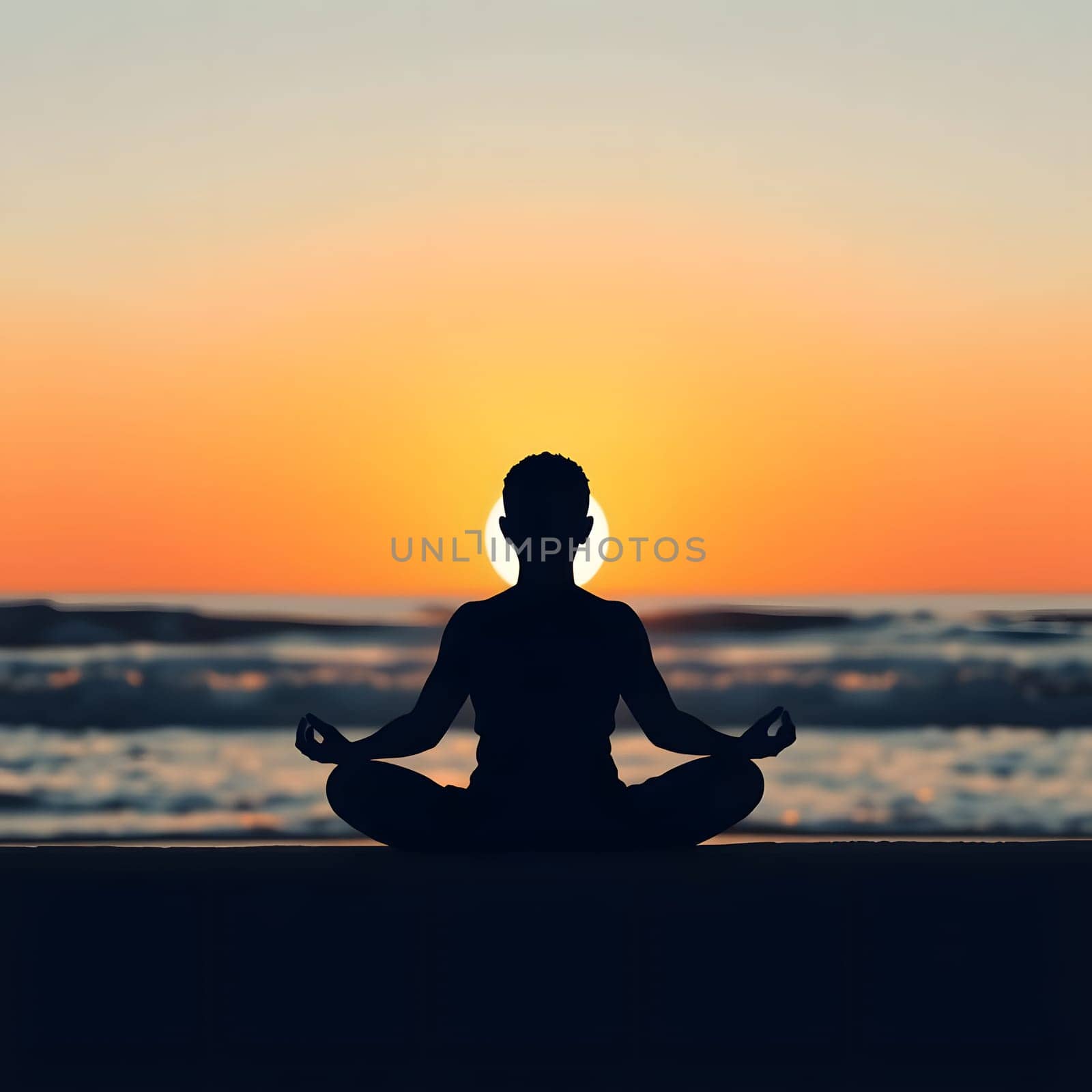 A person sits in a meditative pose on the beach, surrounded by gentle waves, as the sun sets on the horizon, creating a serene and tranquil atmosphere.