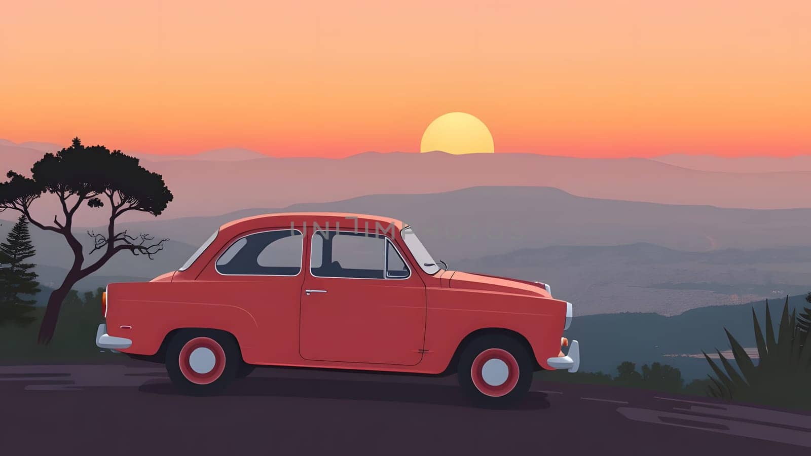 A vintage orange car is parked on a scenic overlook, with a beautiful sunset casting warm hues across the landscape. The surrounding mountains provide a tranquil backdrop.