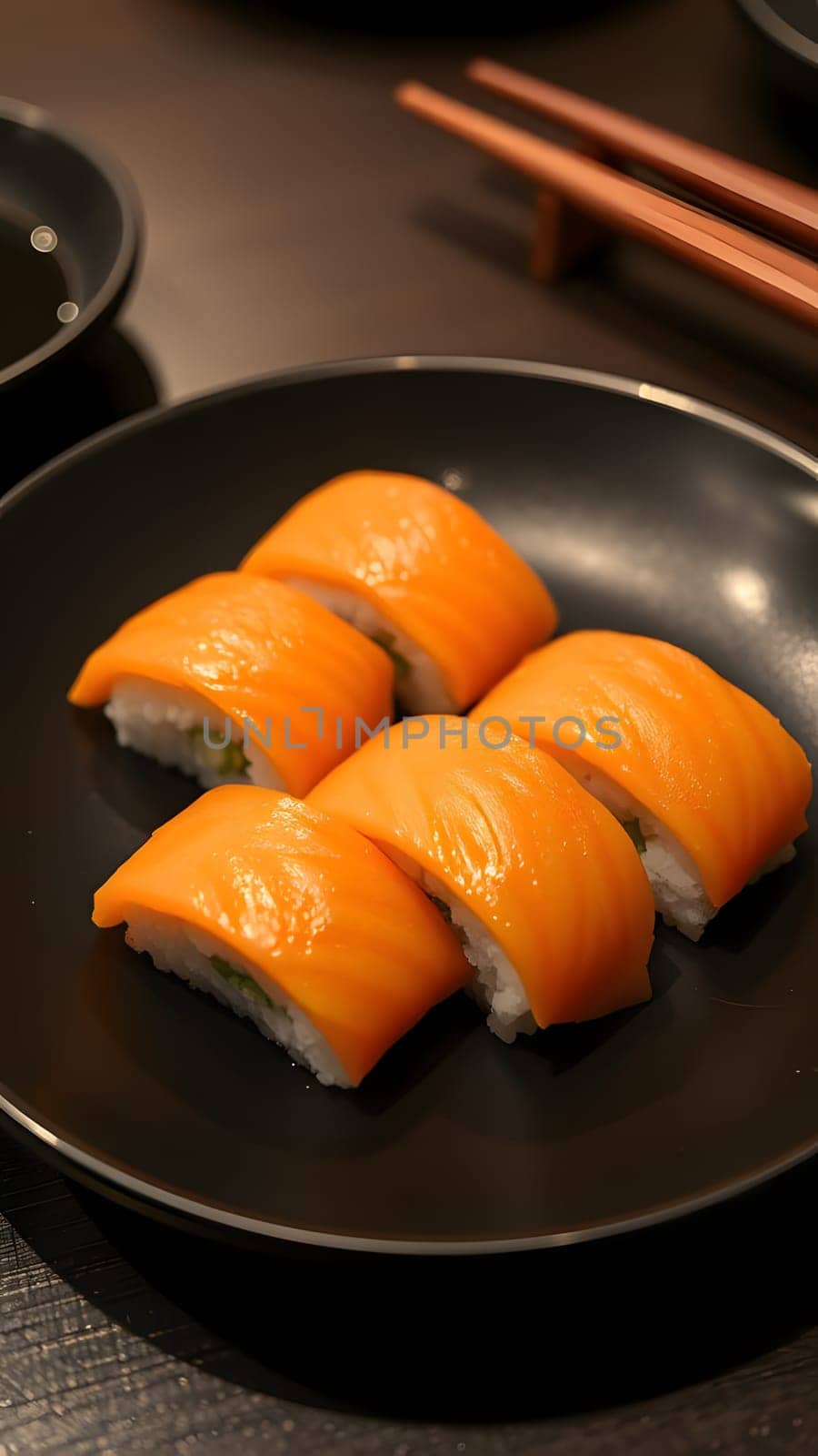 Five pieces of salmon sushi are neatly arranged on a black plate at a restaurant. The vibrant orange salmon contrasts with the white rice, creating an appetizing display for diners.