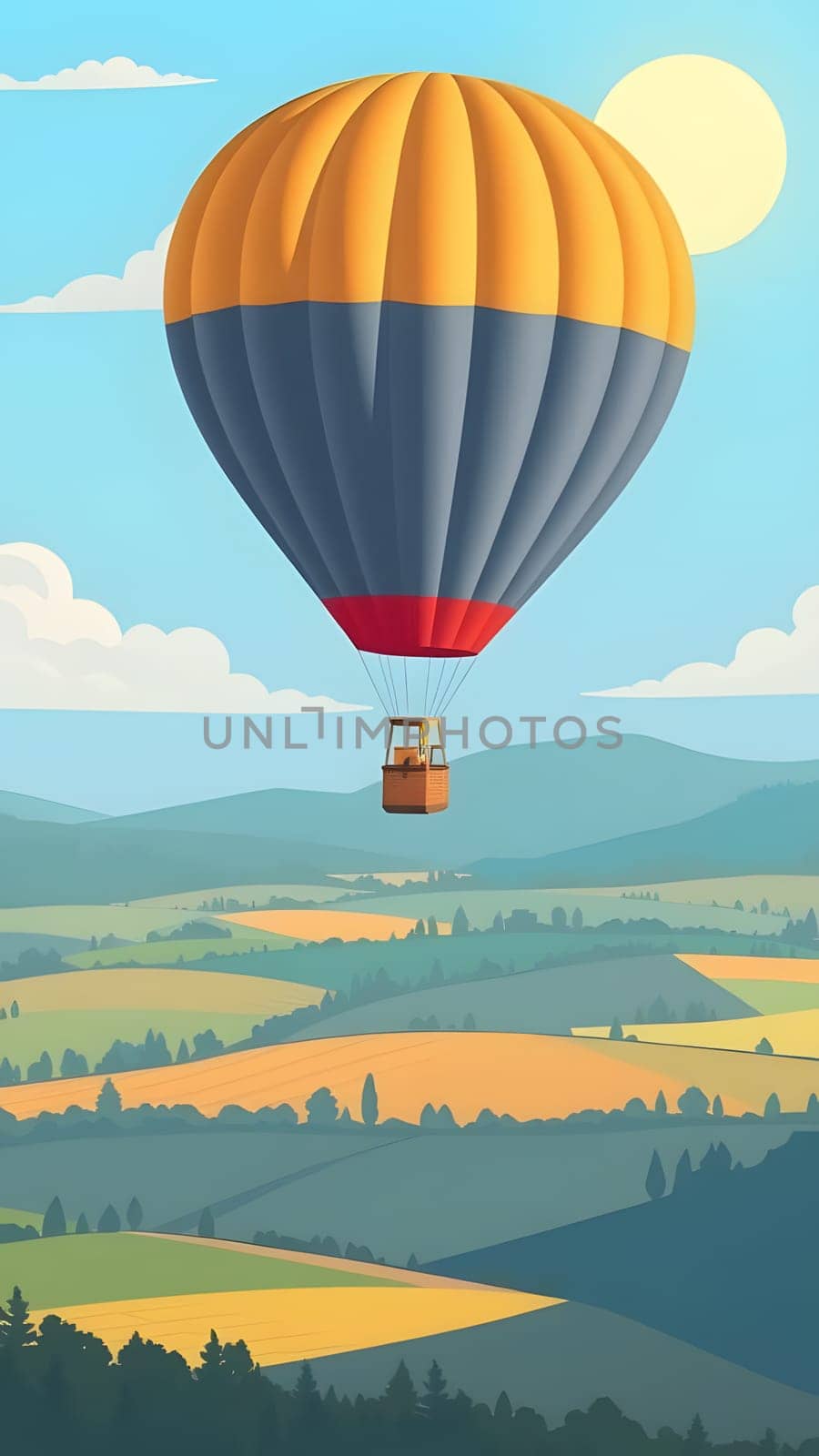A colorful hot air balloon rises gracefully above rolling green hills, with golden fields stretching beneath it. The sun shines brightly, enhancing the serene landscape.