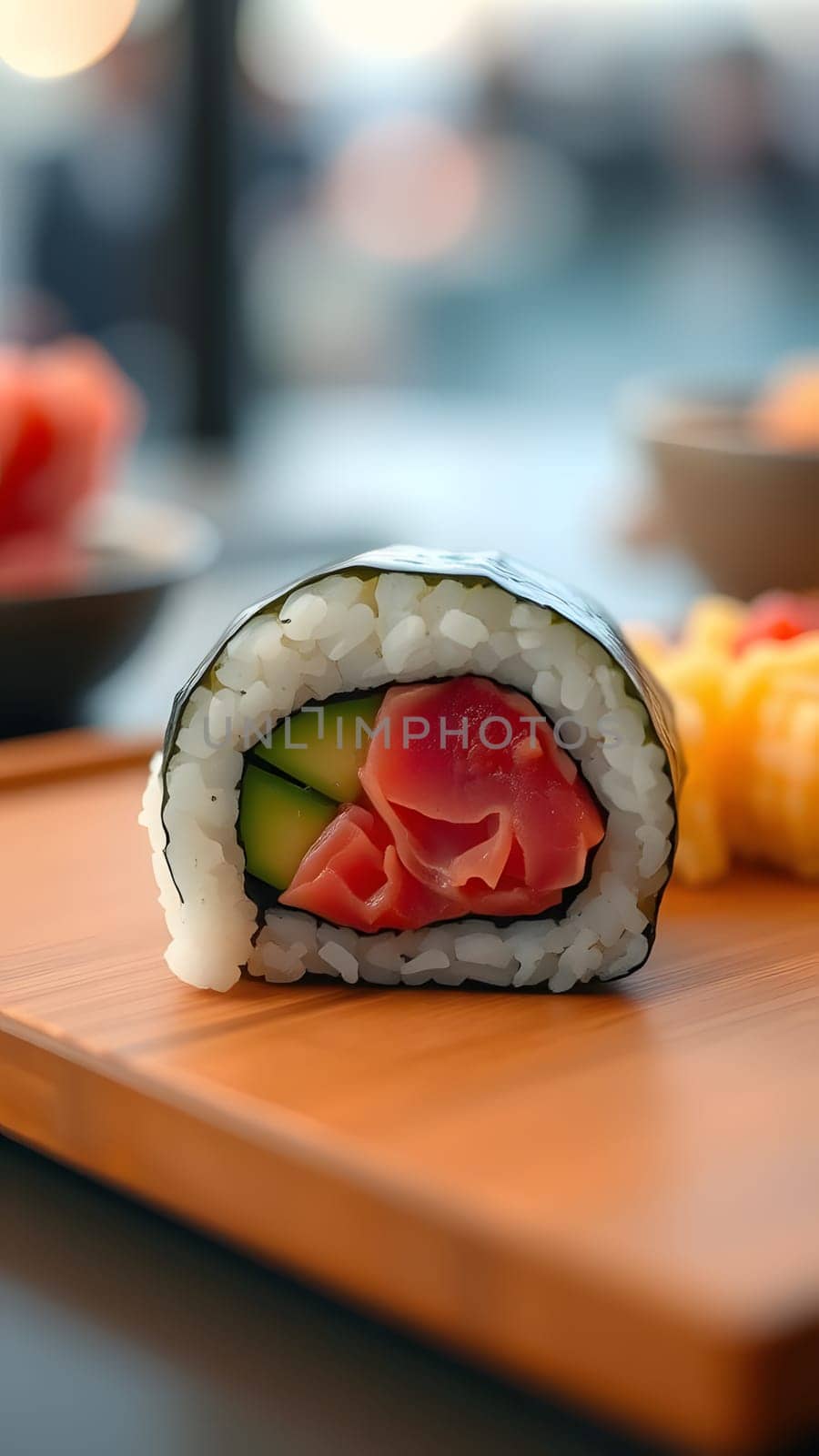 A beautifully crafted sushi roll featuring fresh tuna and cucumber is placed on a wooden platter. The setting hints at a vibrant dining atmosphere, perfect for savoring the delicacy.