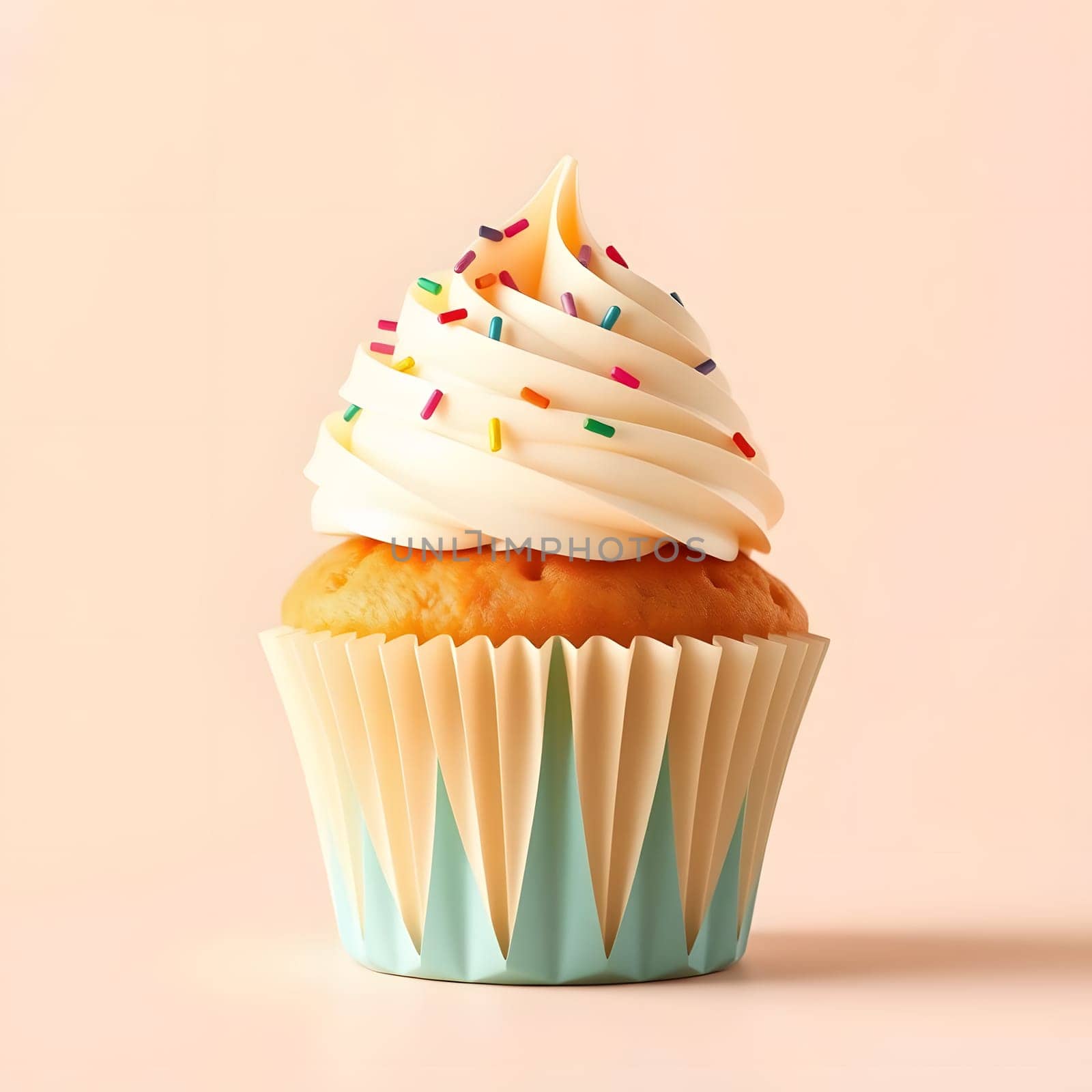 A freshly baked vanilla cupcake sits on a light background, adorned with smooth white frosting and vibrant sprinkles. Its fluffy texture and inviting look make it a tempting treat.