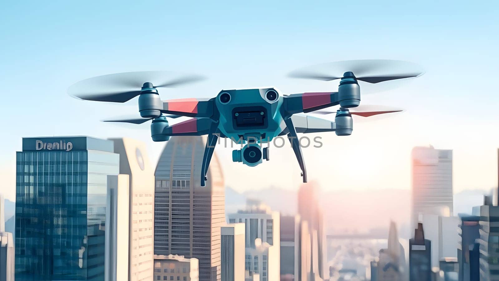 A colorful drone hovers above a bustling city skyline, capturing aerial views of skyscrapers and vibrant urban life under a clear blue sky in bright daylight.