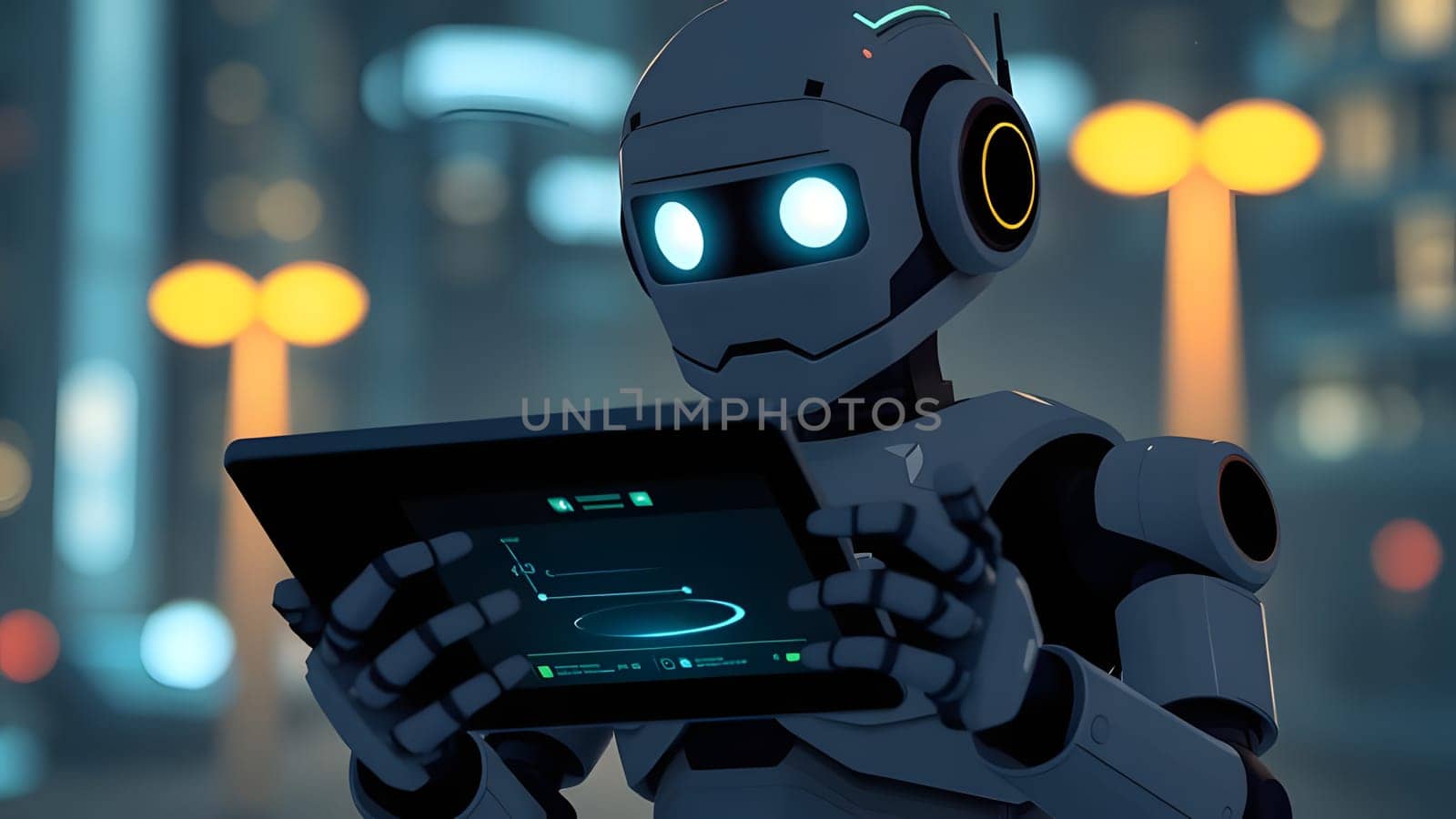 In a vibrant urban setting illuminated by streetlights, a sleek robot focuses on a glowing tablet, showcasing advanced technology in a nighttime environment.